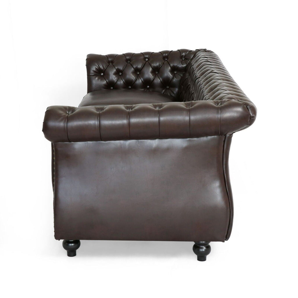 Canapé en cuir synthétique marron moderne de 84,5 pouces avec accoudoirs droits, 3 coussins amovibles, confort moelleux et savoir-faire durable
