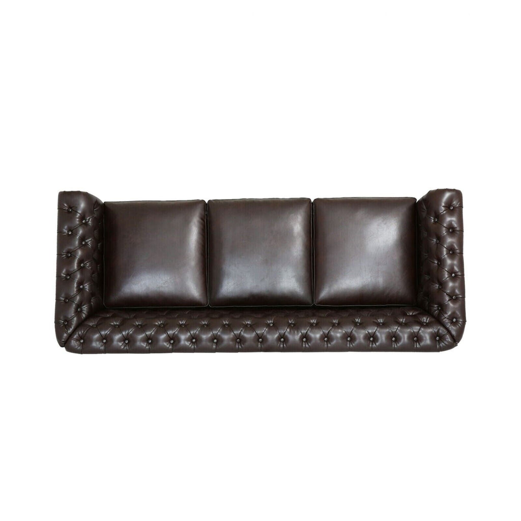 Canapé en cuir synthétique marron moderne de 84,5 pouces avec accoudoirs droits, 3 coussins amovibles, confort moelleux et savoir-faire durable