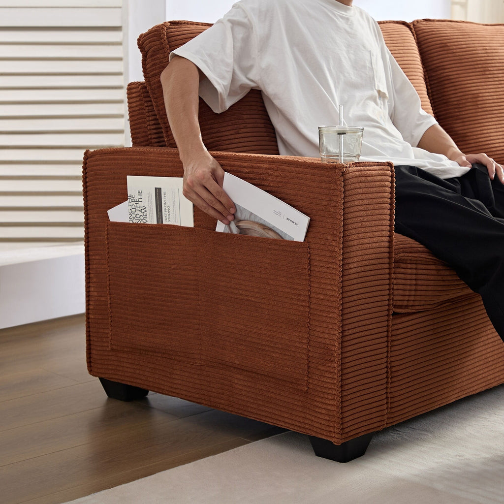 Canapé 3 places en velours côtelé marron moderne 87,4 avec porte-gobelet et sacs de rangement pour le salon