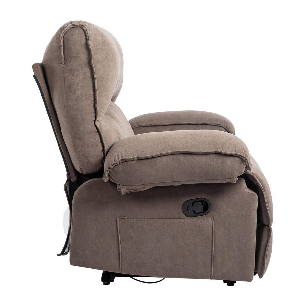 Fauteuil inclinable manuel surdimensionné en velours marron avec coussin lombaire chauffant et massant, accoudoirs coussinés et poches latérales
