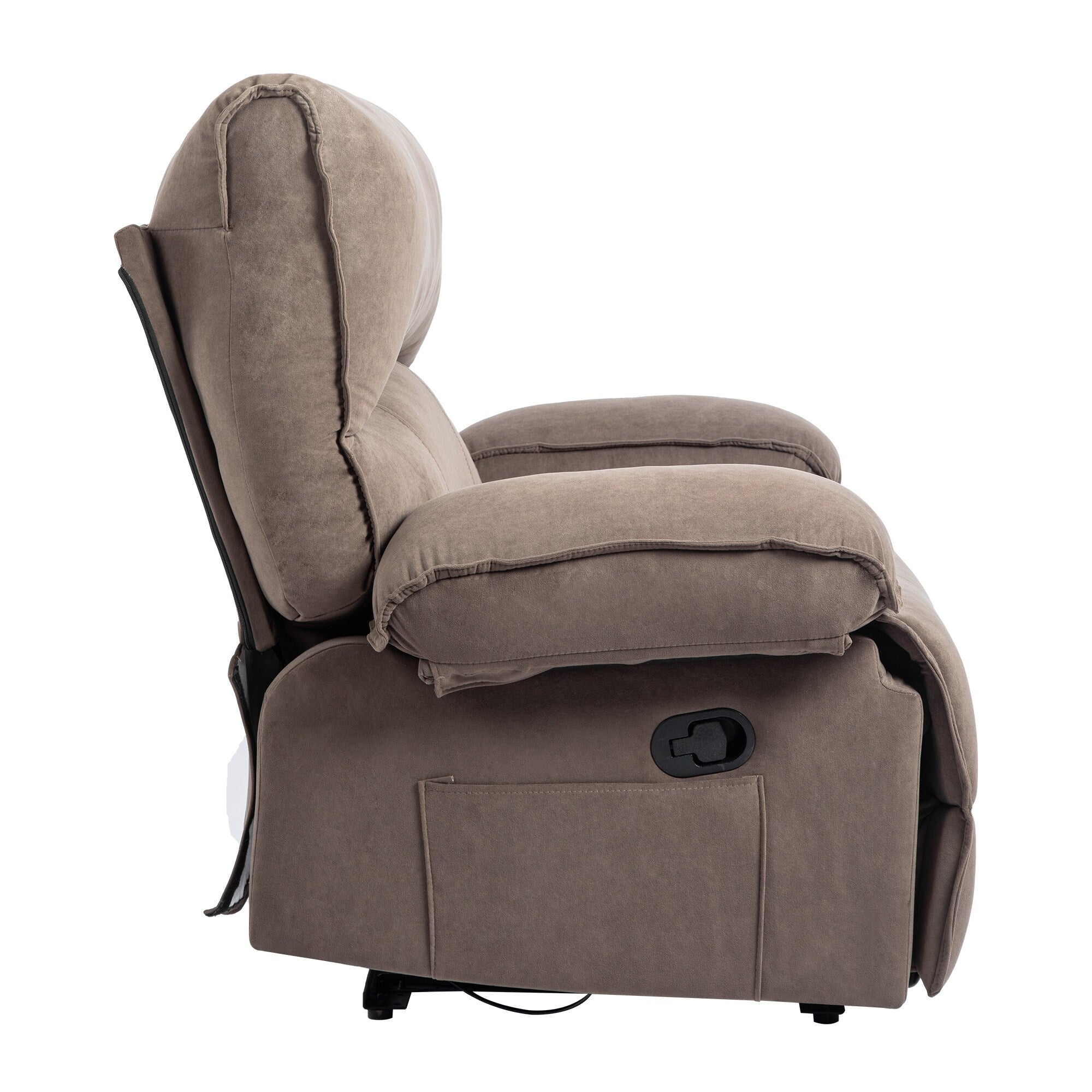 Fauteuil inclinable manuel surdimensionné en velours marron avec coussin lombaire chauffant et massant, accoudoirs coussinés et poches latérales
