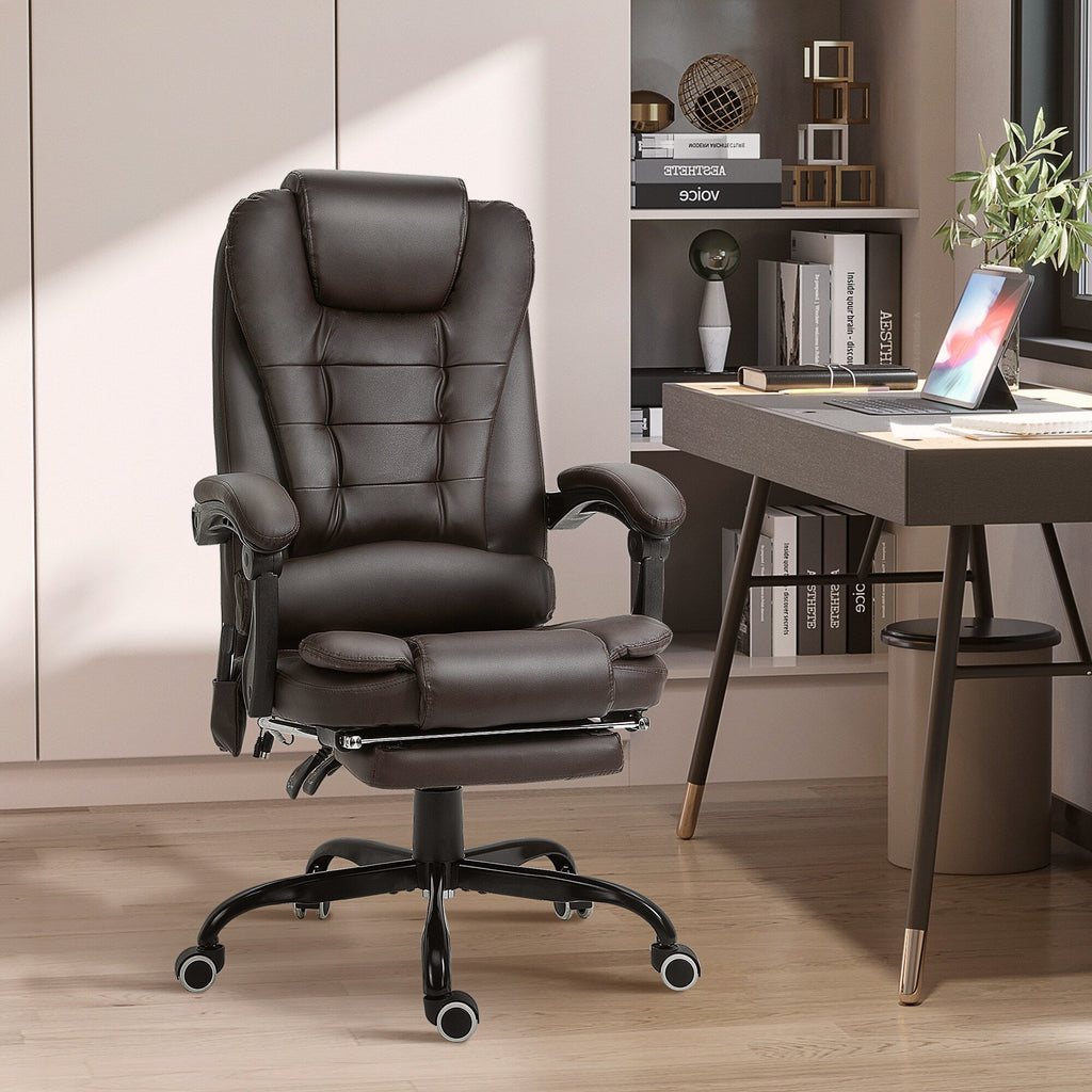 Fauteuil de bureau pivotant à 360° en cuir synthétique marron avec massage vibrant à 7 points, repose-pieds, soutien lombaire et hauteur réglable