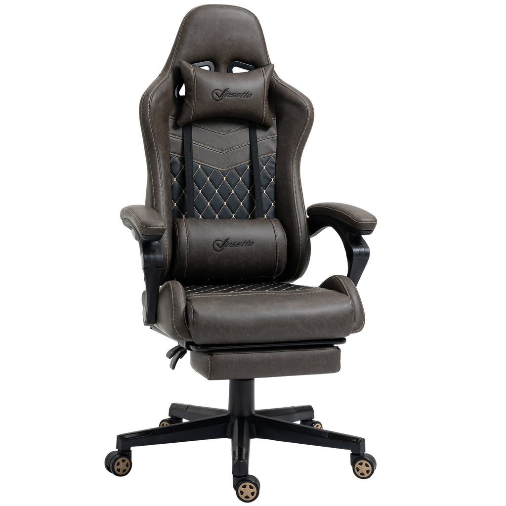 Fauteuil de jeu inclinable pivotant à 360° en cuir synthétique marron avec repose-pieds, appui-tête, support lombaire et hauteur réglable