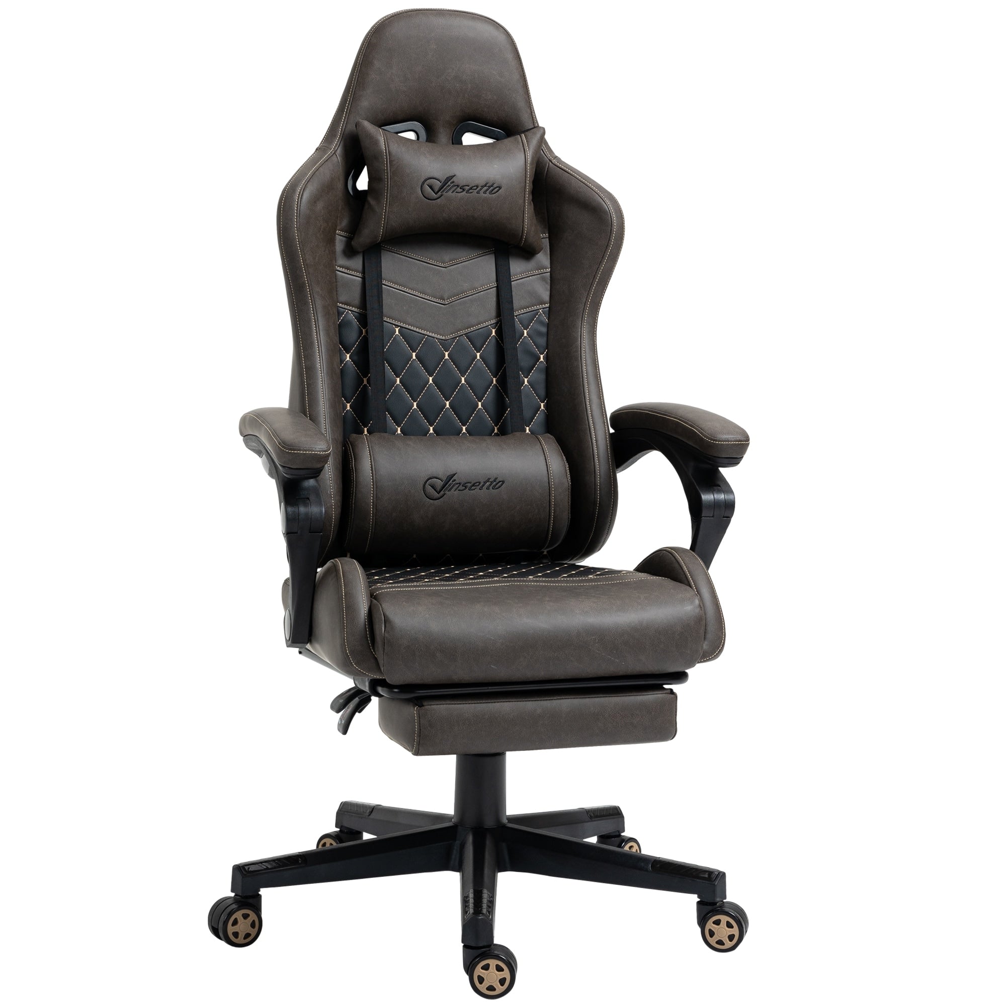 Fauteuil de jeu inclinable pivotant à 360° en cuir synthétique marron avec repose-pieds, appui-tête, support lombaire et hauteur réglable