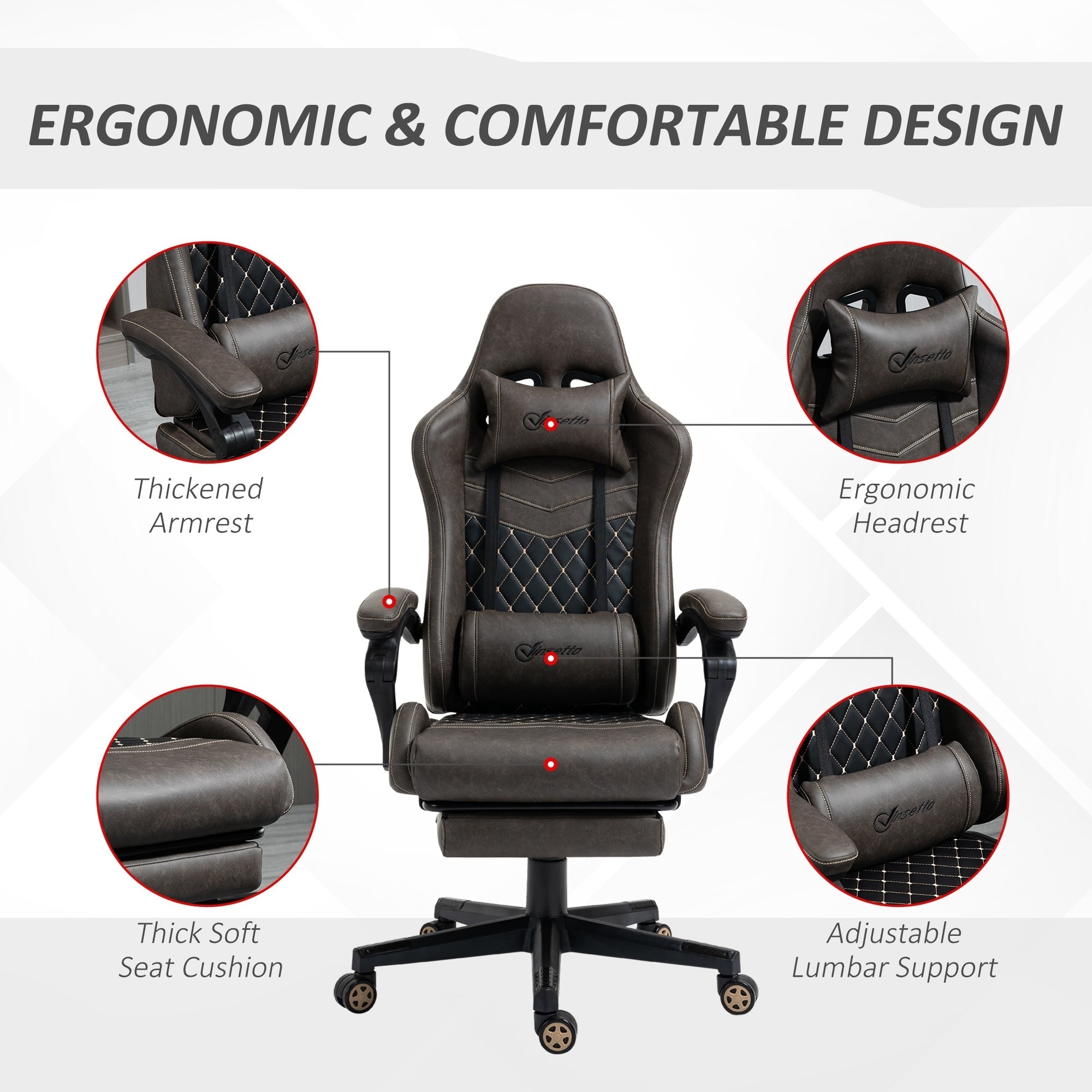 Fauteuil de jeu inclinable pivotant à 360° en cuir synthétique marron avec repose-pieds, appui-tête, support lombaire et hauteur réglable