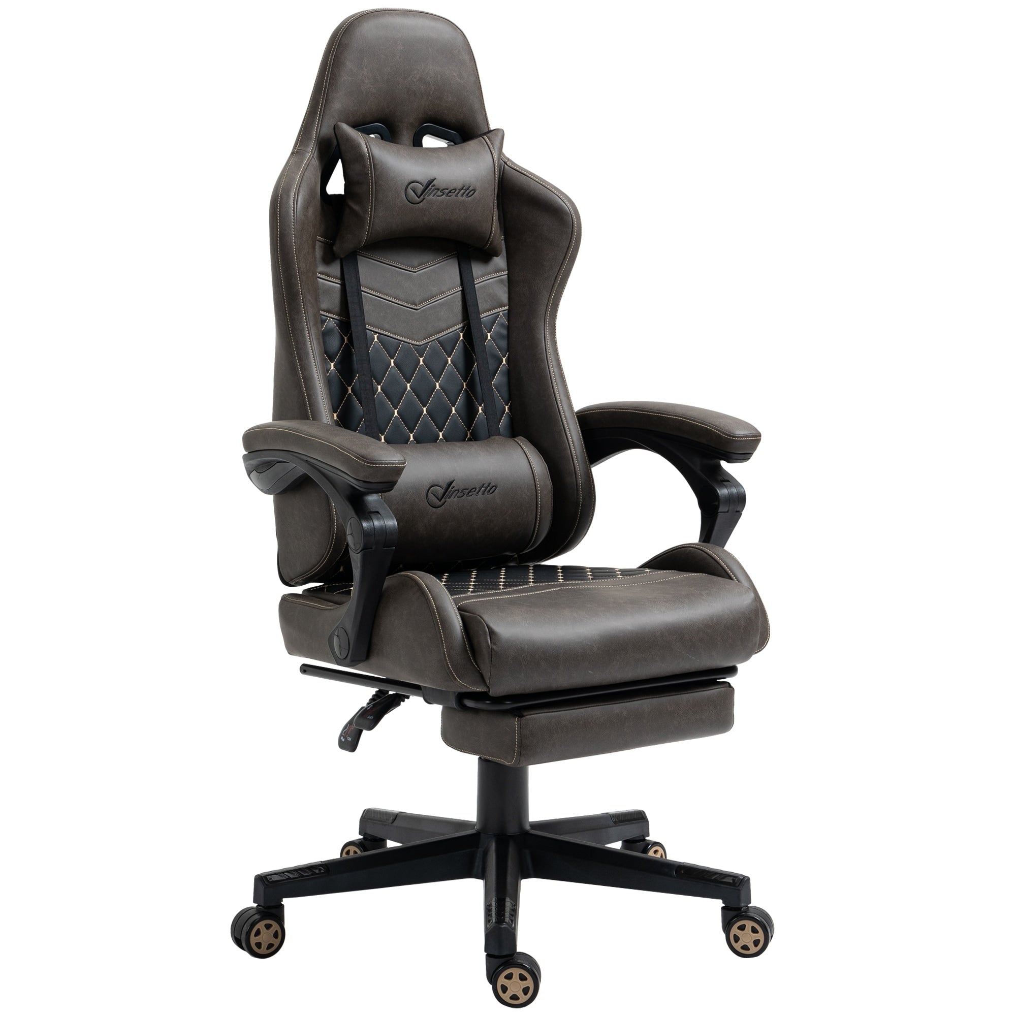 Fauteuil de jeu inclinable pivotant à 360° en cuir synthétique marron avec repose-pieds, appui-tête, support lombaire et hauteur réglable