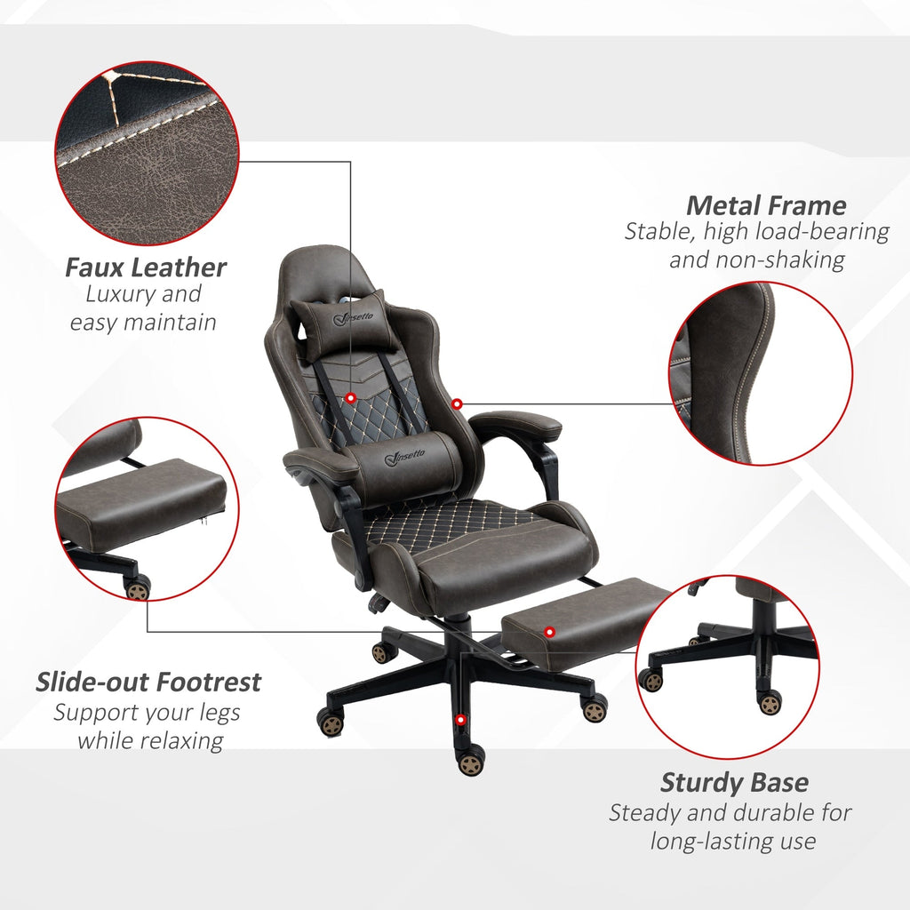 Fauteuil de jeu inclinable pivotant à 360° en cuir synthétique marron avec repose-pieds, appui-tête, support lombaire et hauteur réglable