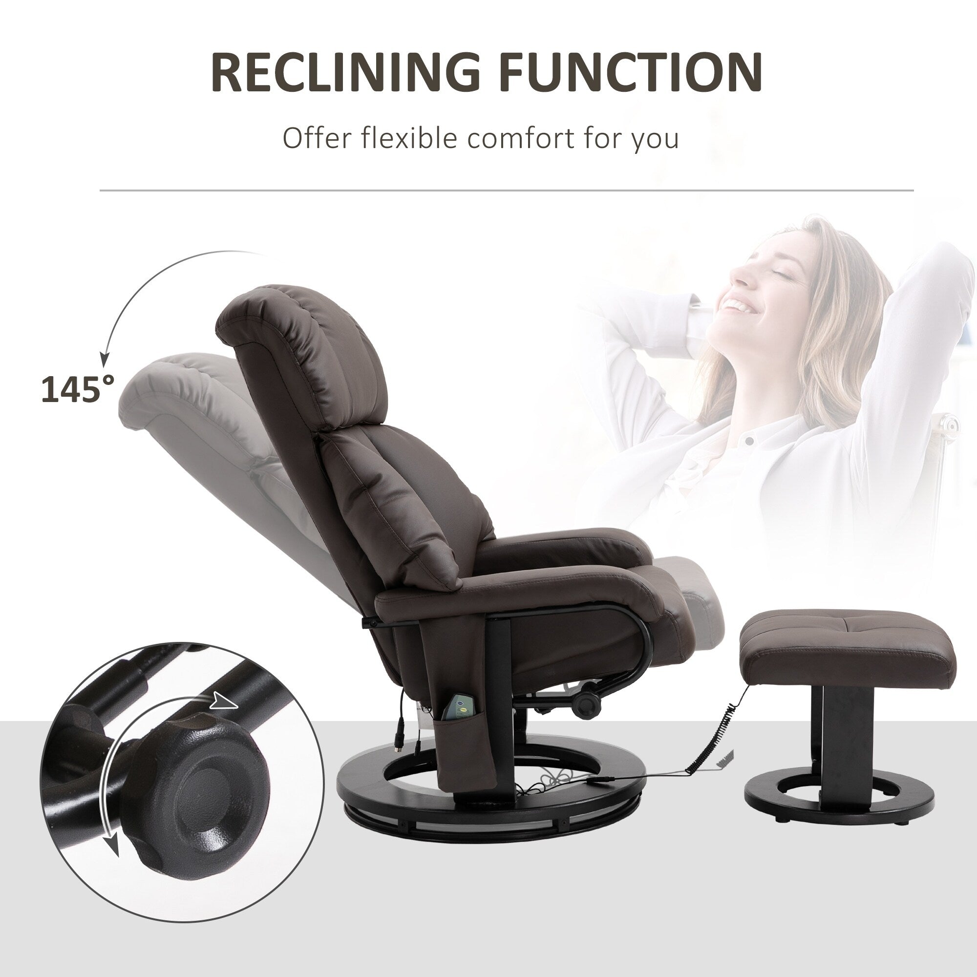Fauteuil inclinable de massage en cuir synthétique marron avec repose-pieds, pivotant à 360° et télécommande