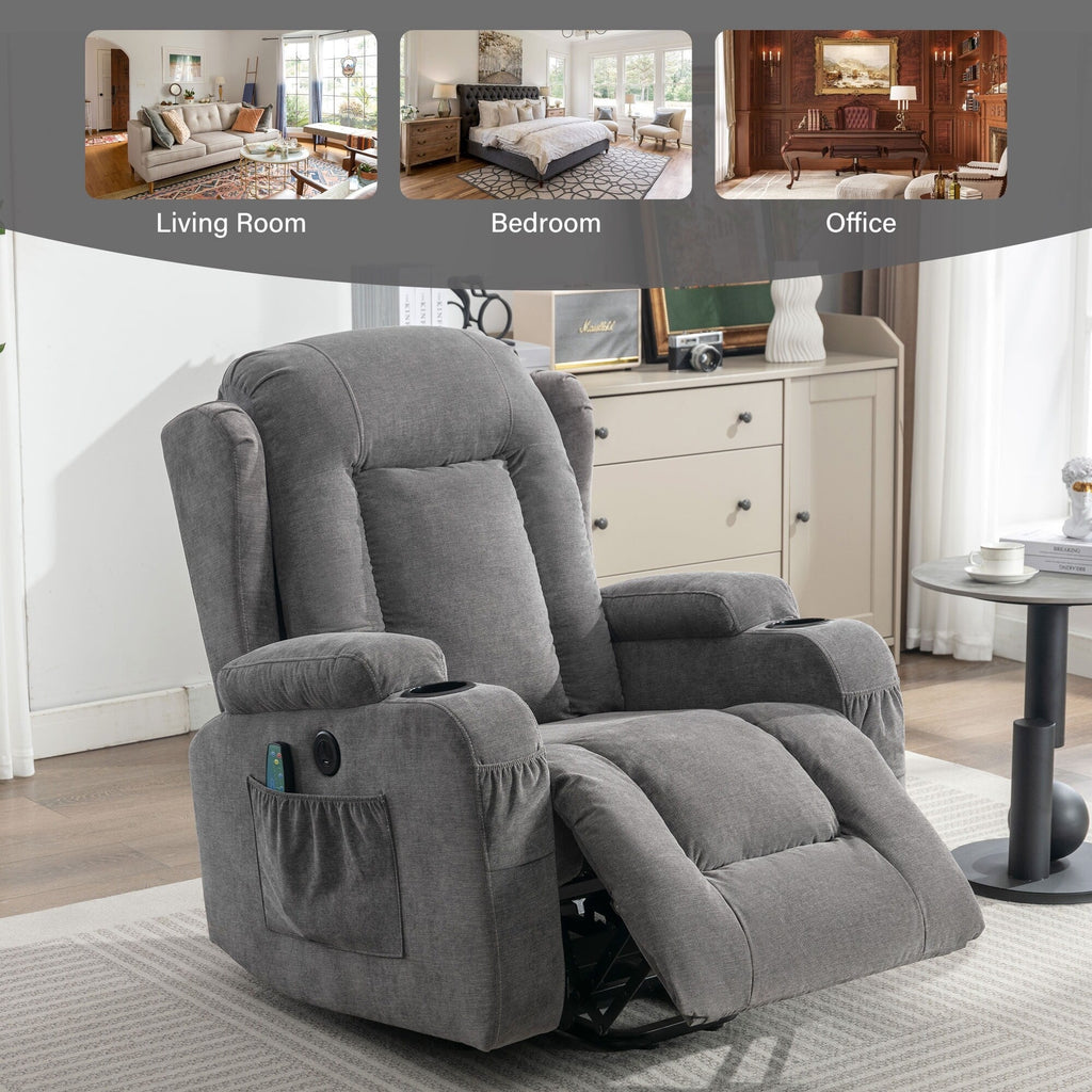 Fauteuil inclinable électrique marron avec chauffage, massage, port USB et poche latérale pour personnes âgées, inclinable et réglable pour le salon