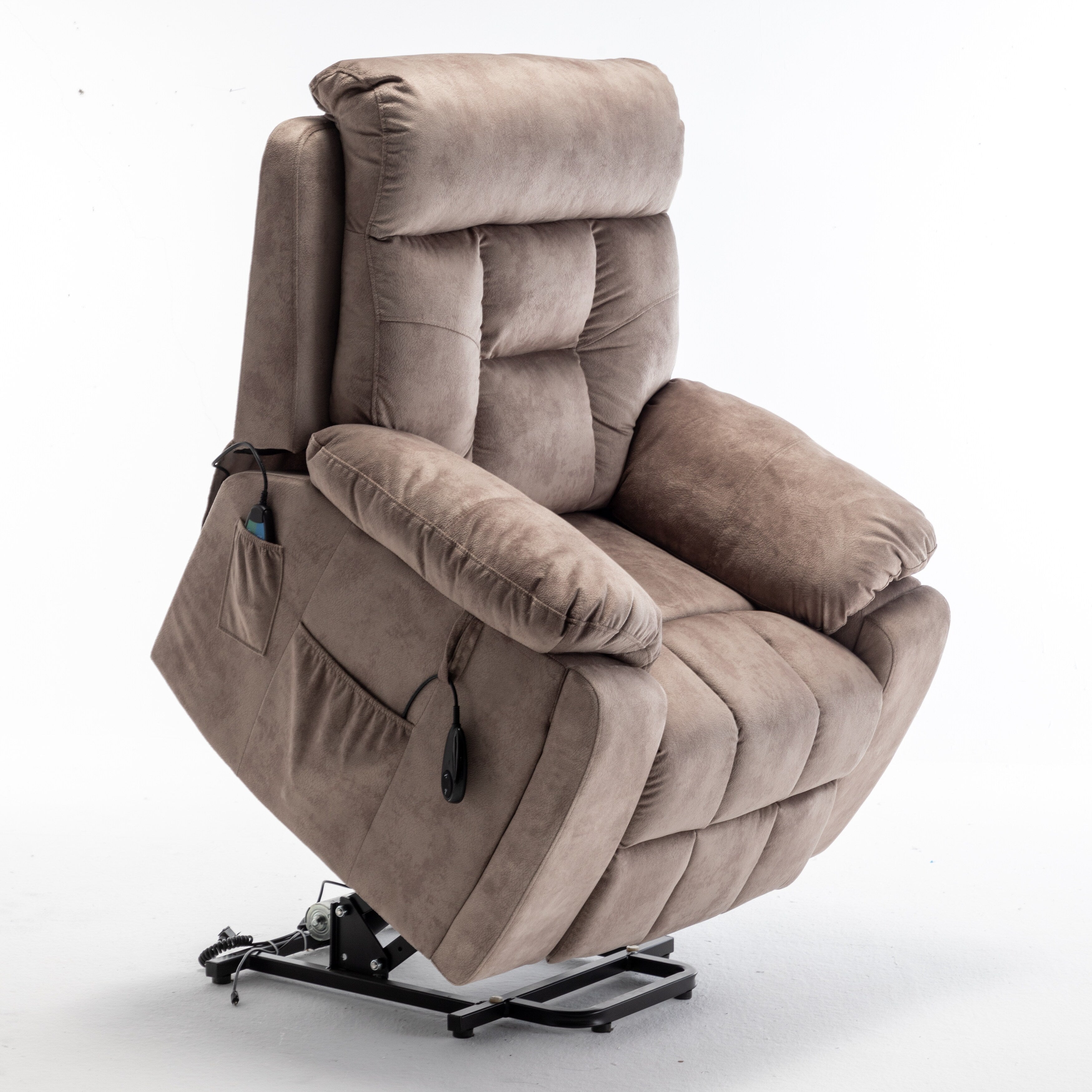 Fauteuil inclinable électrique marron avec massage, chauffage lombaire, moteur allemand silencieux, tissu en duvet d'oie et porte-gobelets