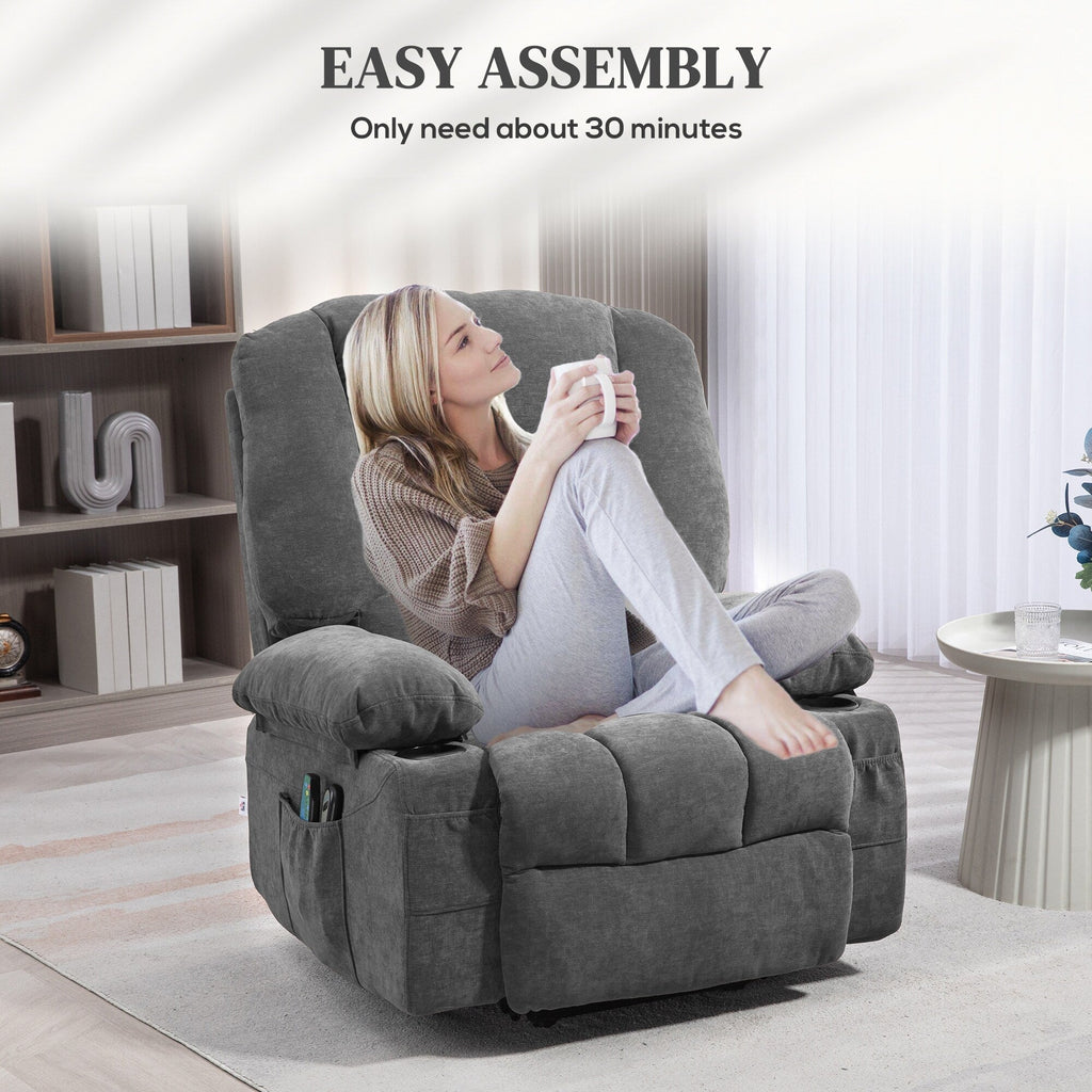 Fauteuil inclinable électrique marron avec massage par vibration, chauffage, télécommande, montage rapide et poches latérales