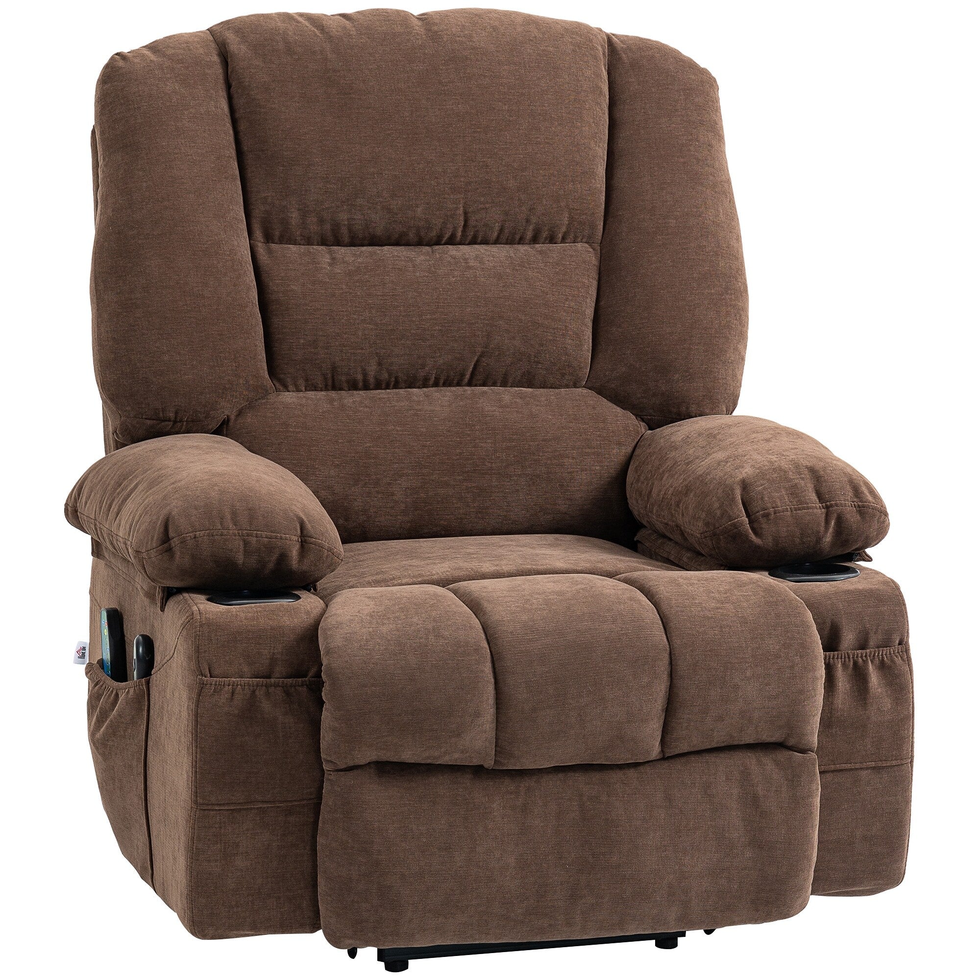Fauteuil inclinable électrique marron avec massage par vibration, chauffage, télécommande, montage rapide et poches latérales