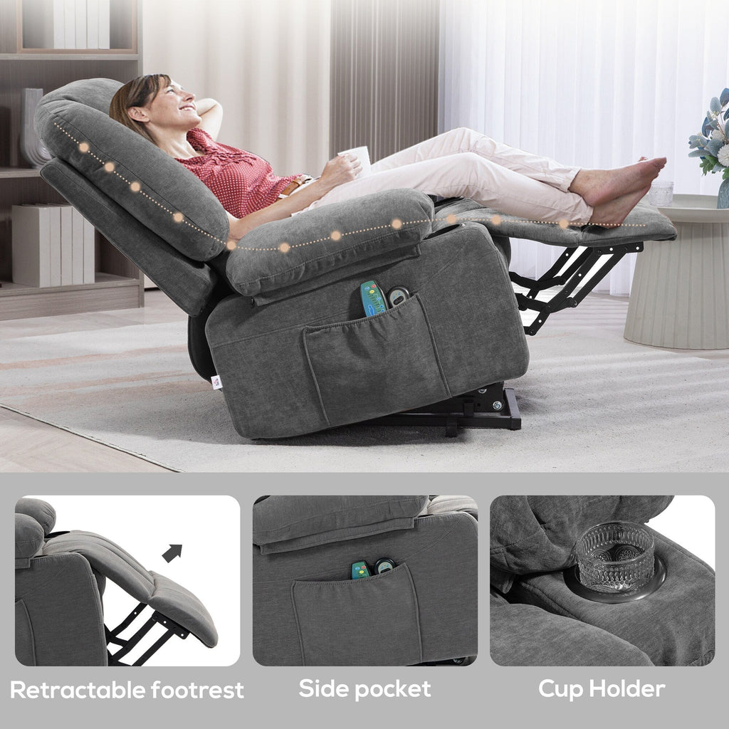 Fauteuil inclinable électrique marron avec massage par vibration, chauffage, télécommande, montage rapide et poches latérales