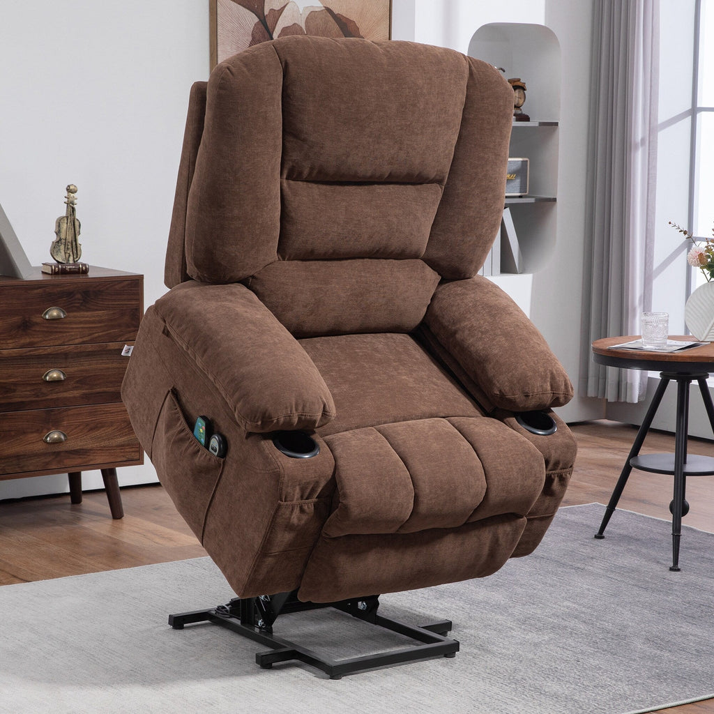 Fauteuil inclinable électrique marron avec massage par vibration, chauffage, télécommande, montage rapide et poches latérales
