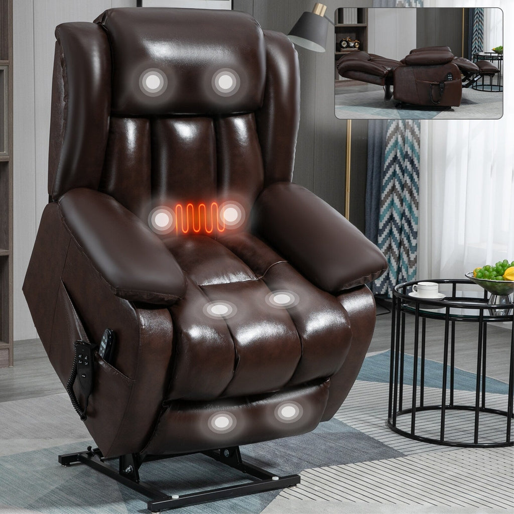 Fauteuil inclinable électrique marron avec deux moteurs, massage en 8 points, chauffage lombaire et positionnement infini