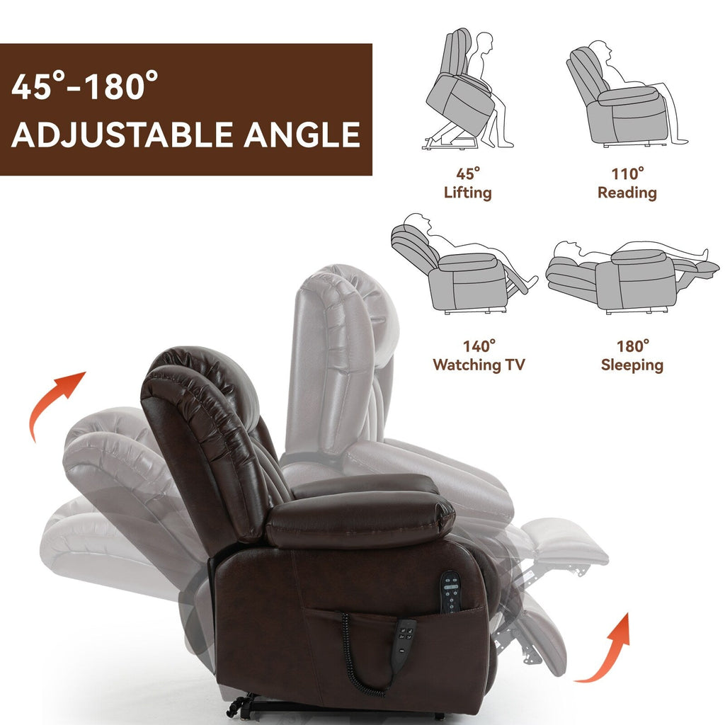 Fauteuil inclinable électrique marron avec deux moteurs, massage en 8 points, chauffage lombaire et positionnement infini
