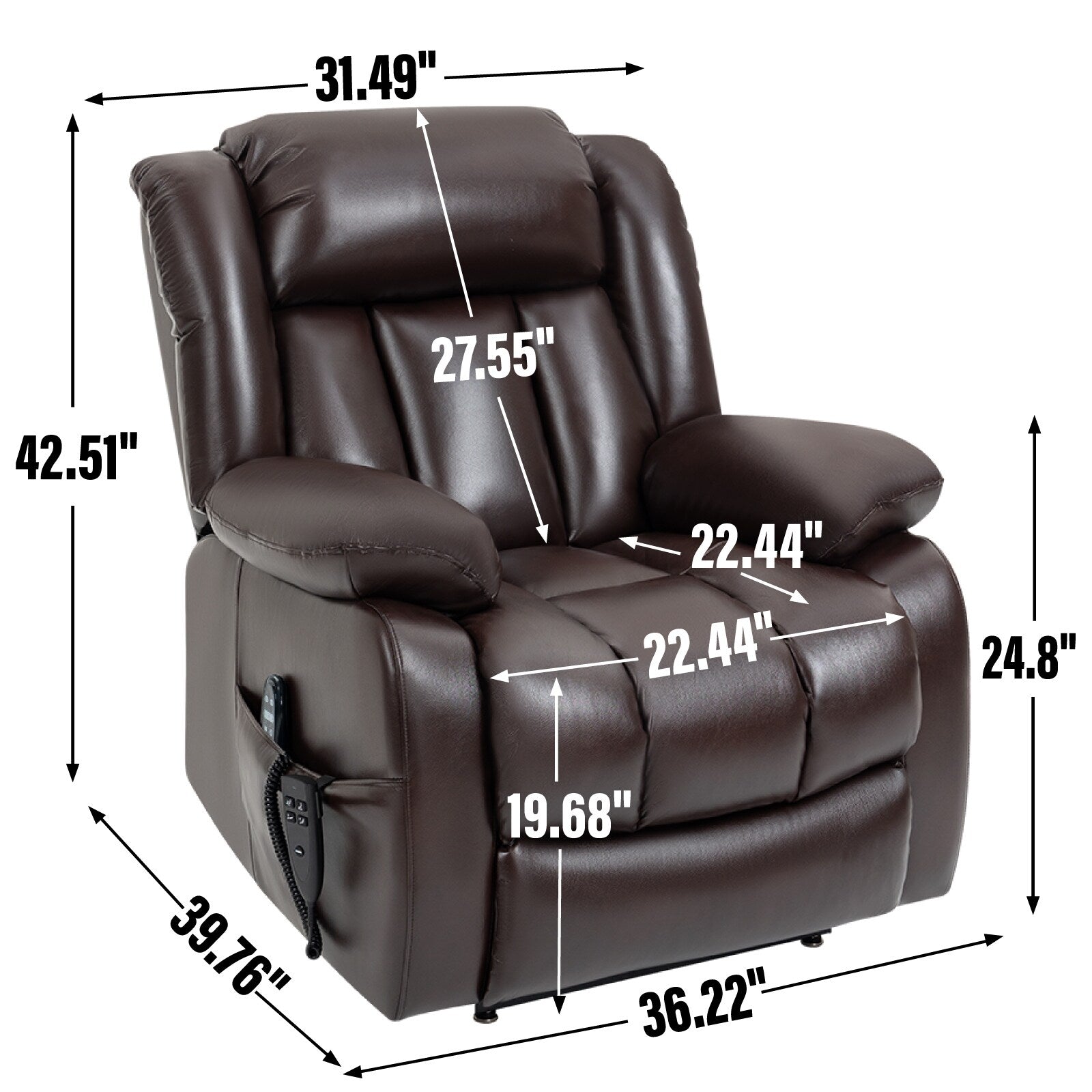 Fauteuil inclinable électrique marron avec deux moteurs, massage en 8 points, chauffage lombaire et positionnement infini