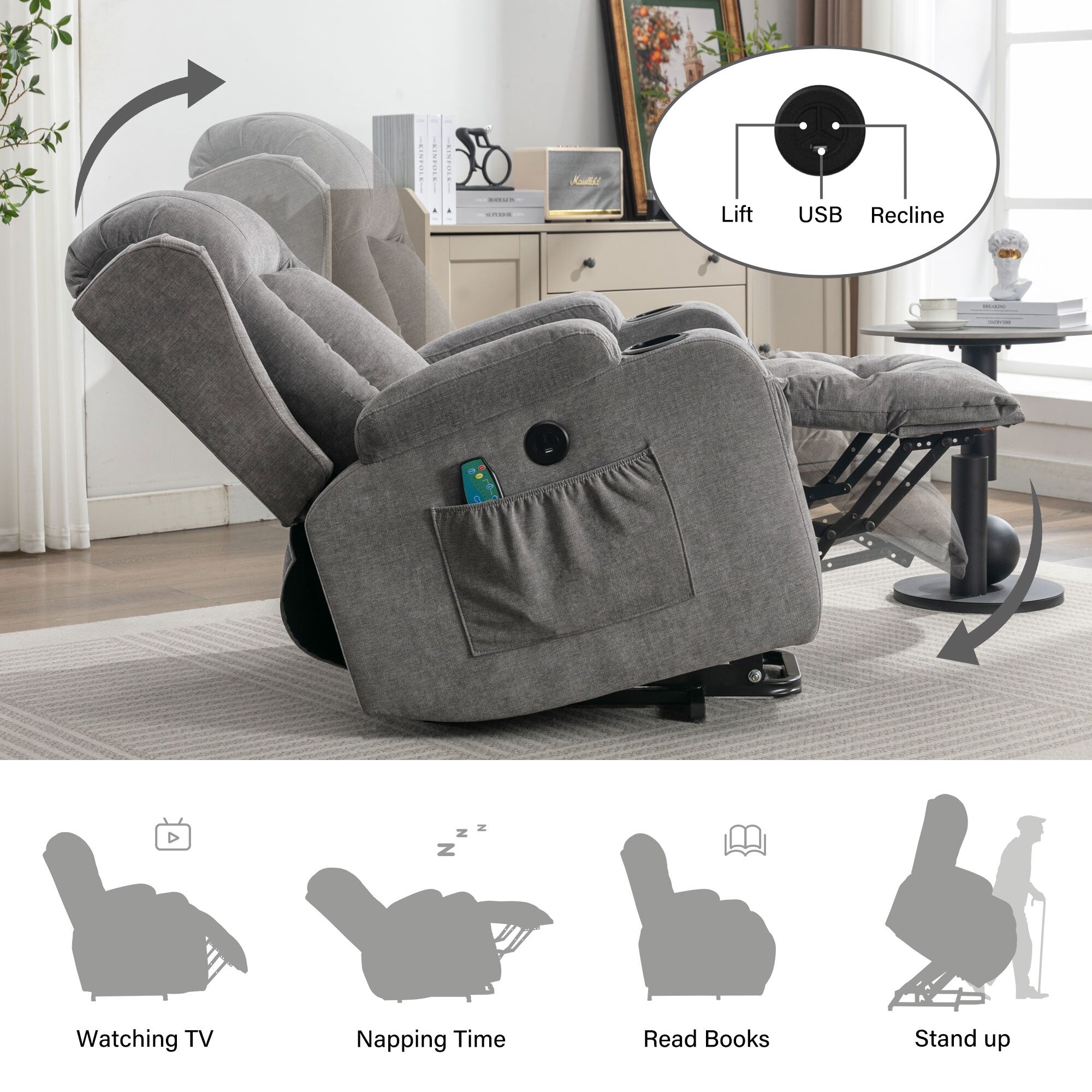 Fauteuil inclinable électrique marron avec chauffage et inclinaison réglable