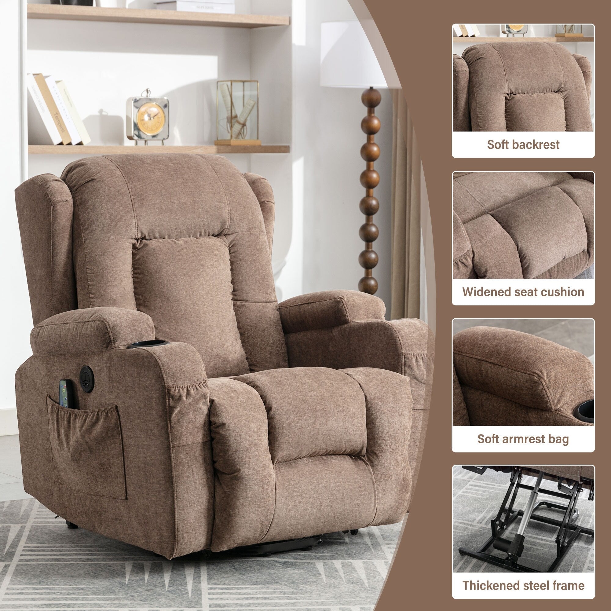 Fauteuil inclinable électrique marron avec chauffage et inclinaison réglable