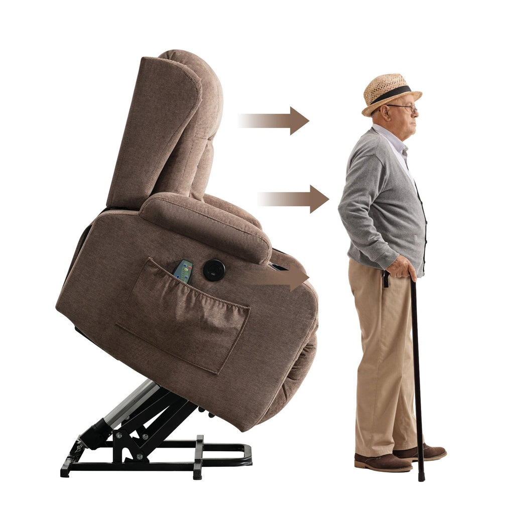Fauteuil inclinable électrique marron avec chauffage, massage, port USB, poche de rangement latérale et inclinaison réglable pour personnes âgées