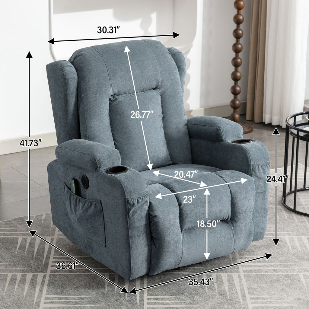 Fauteuil inclinable électrique marron avec chauffage, massage, port USB, poche de rangement latérale et inclinaison réglable pour personnes âgées