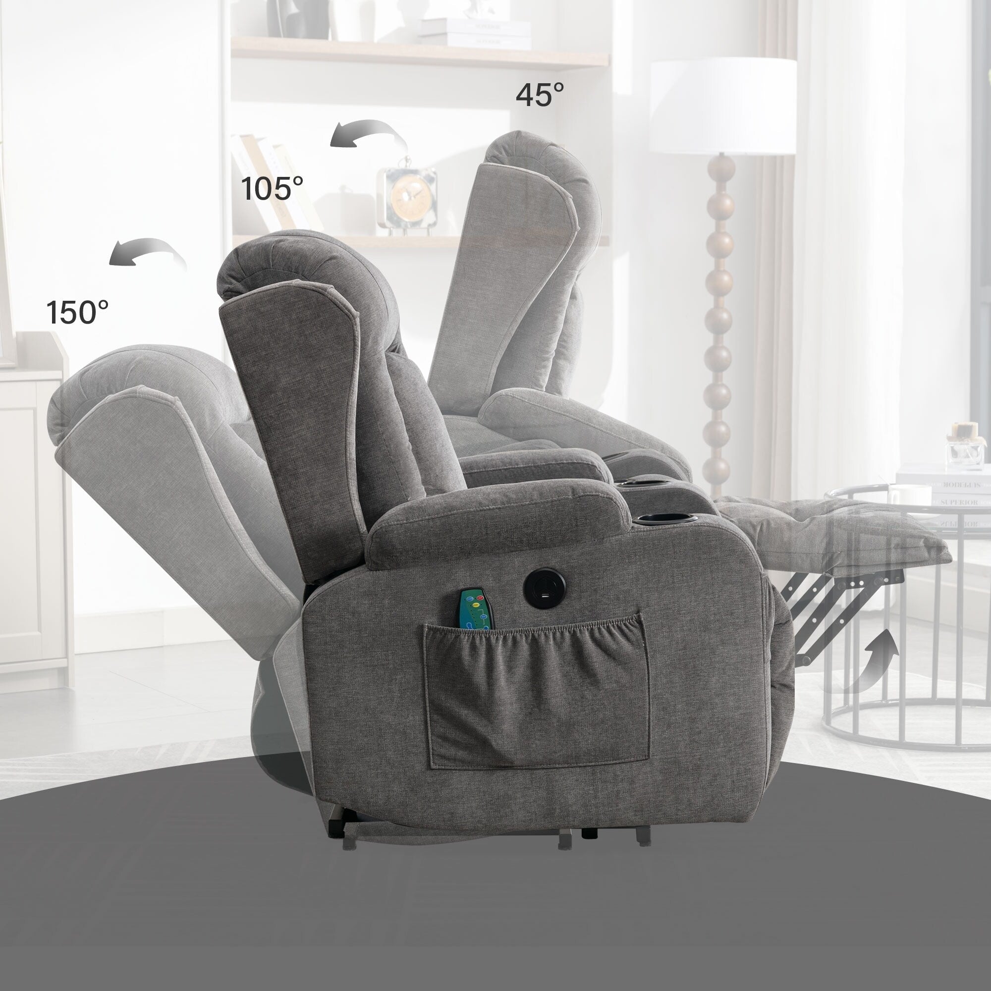 Fauteuil inclinable électrique marron avec chauffage, massage, port USB, poche de rangement latérale et inclinaison réglable pour personnes âgées
