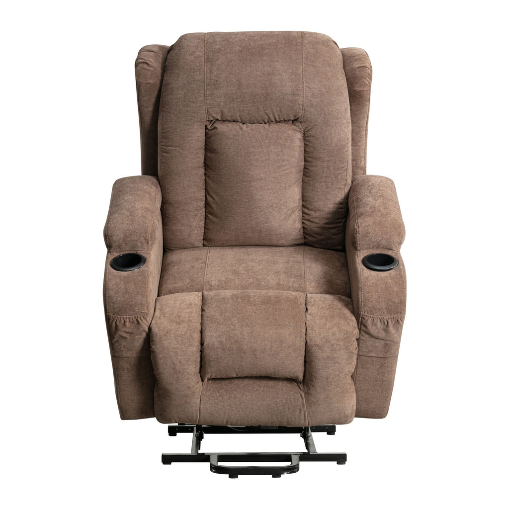 Fauteuil inclinable électrique marron avec chauffage, massage, port USB, poche latérale et inclinaison réglable pour un confort optimal au salon