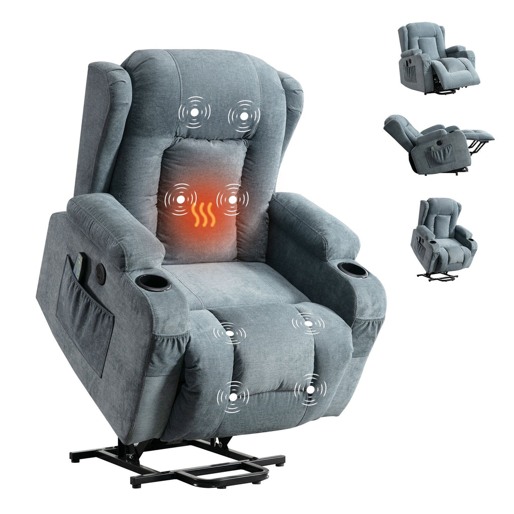 Fauteuil inclinable électrique marron avec chauffage, massage, port USB, poche latérale et inclinaison réglable pour un confort optimal au salon