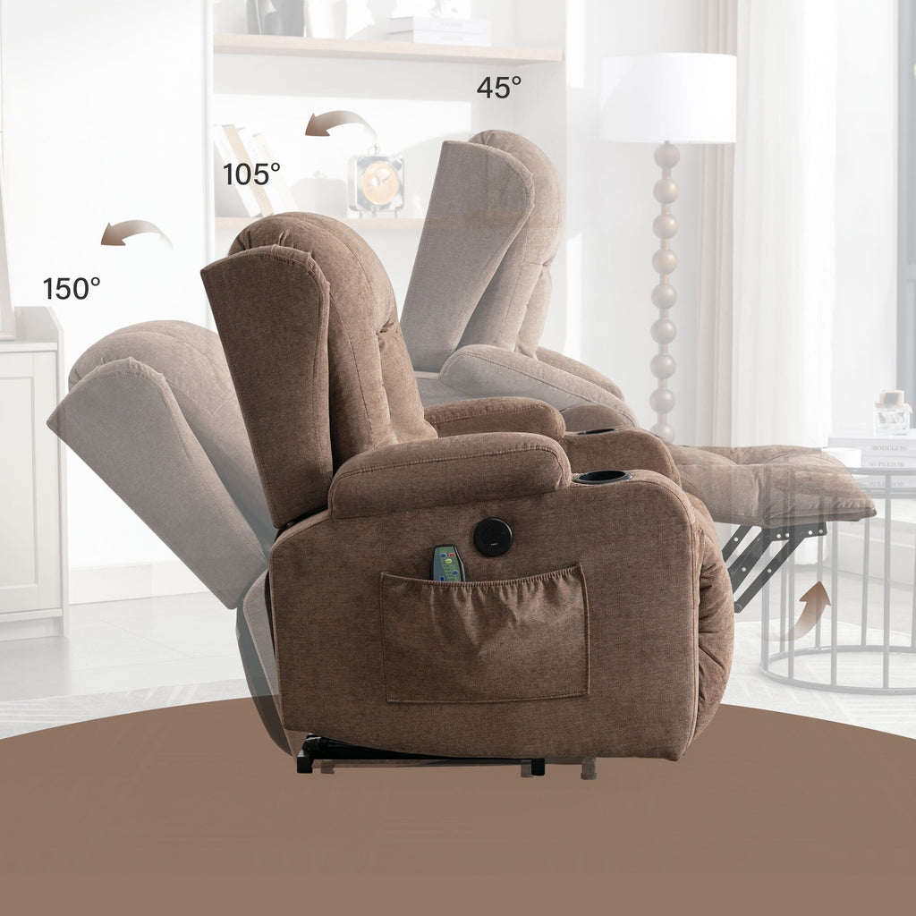 Fauteuil inclinable électrique marron avec chauffage, massage, port USB, poche latérale et inclinaison réglable pour un confort optimal au salon
