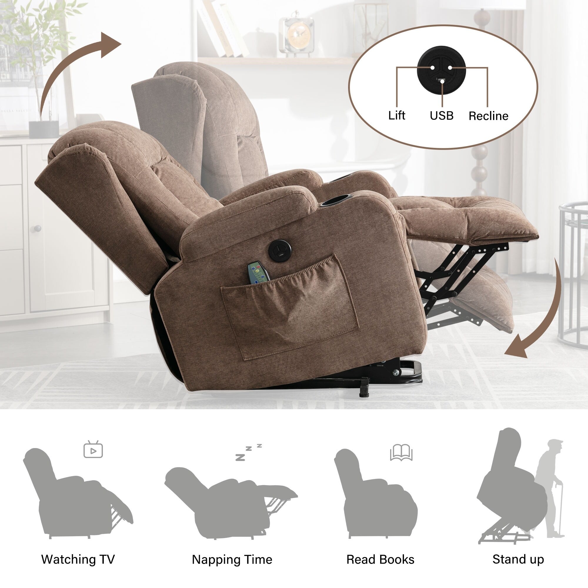 Fauteuil inclinable électrique marron avec chauffage, massage, port USB, poche latérale et inclinaison réglable pour un confort optimal au salon
