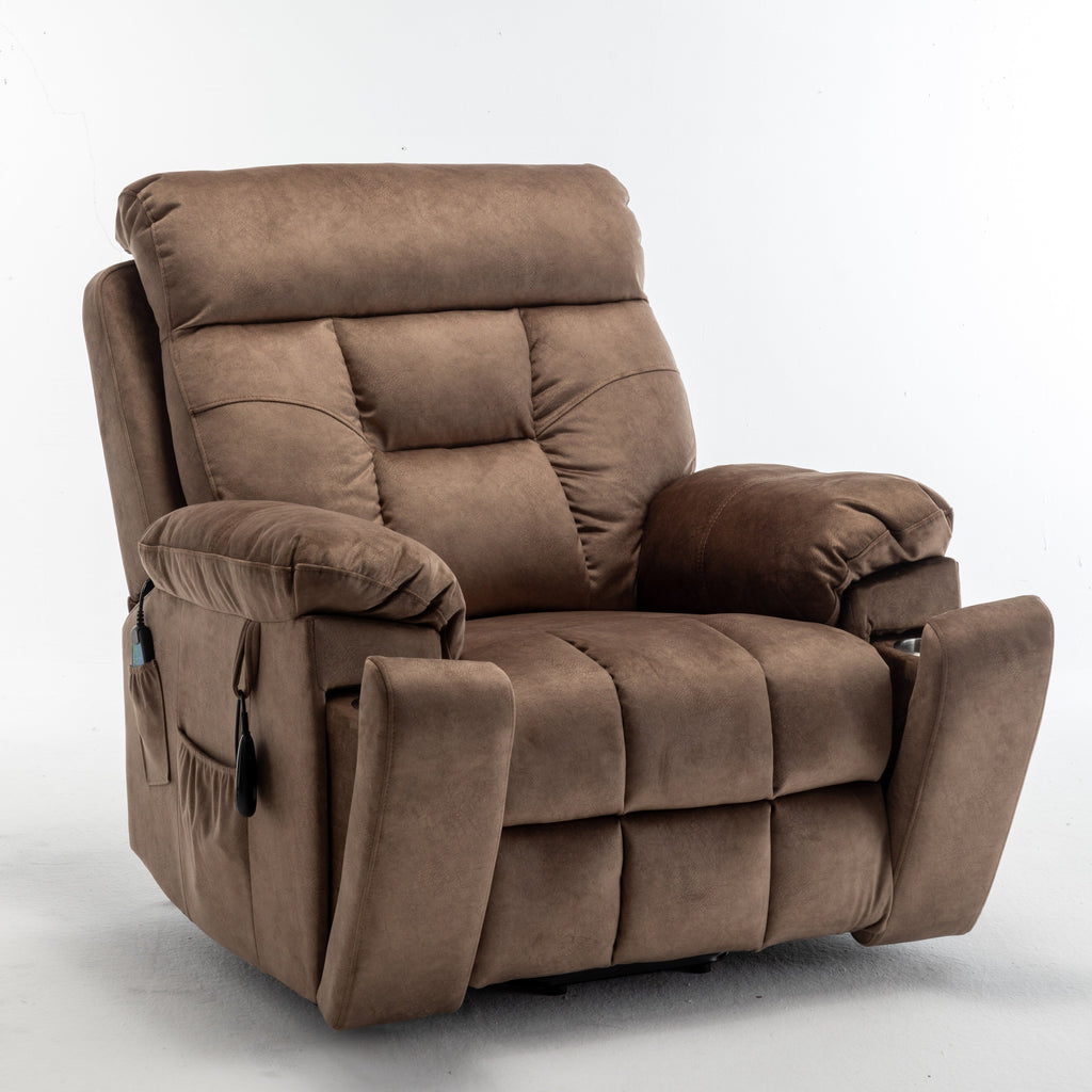 Fauteuil inclinable électrique marron avec massage, chauffage lombaire, moteur allemand silencieux, tissu en duvet d'oie et porte-gobelets