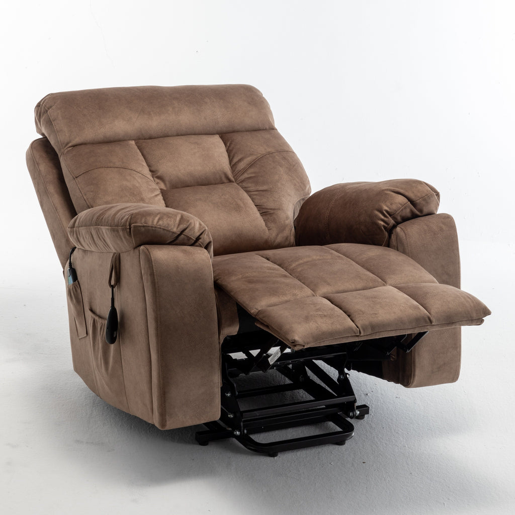 Fauteuil inclinable électrique marron avec massage, chauffage lombaire, moteur allemand silencieux, tissu luxueux en duvet d'oie et porte-gobelets