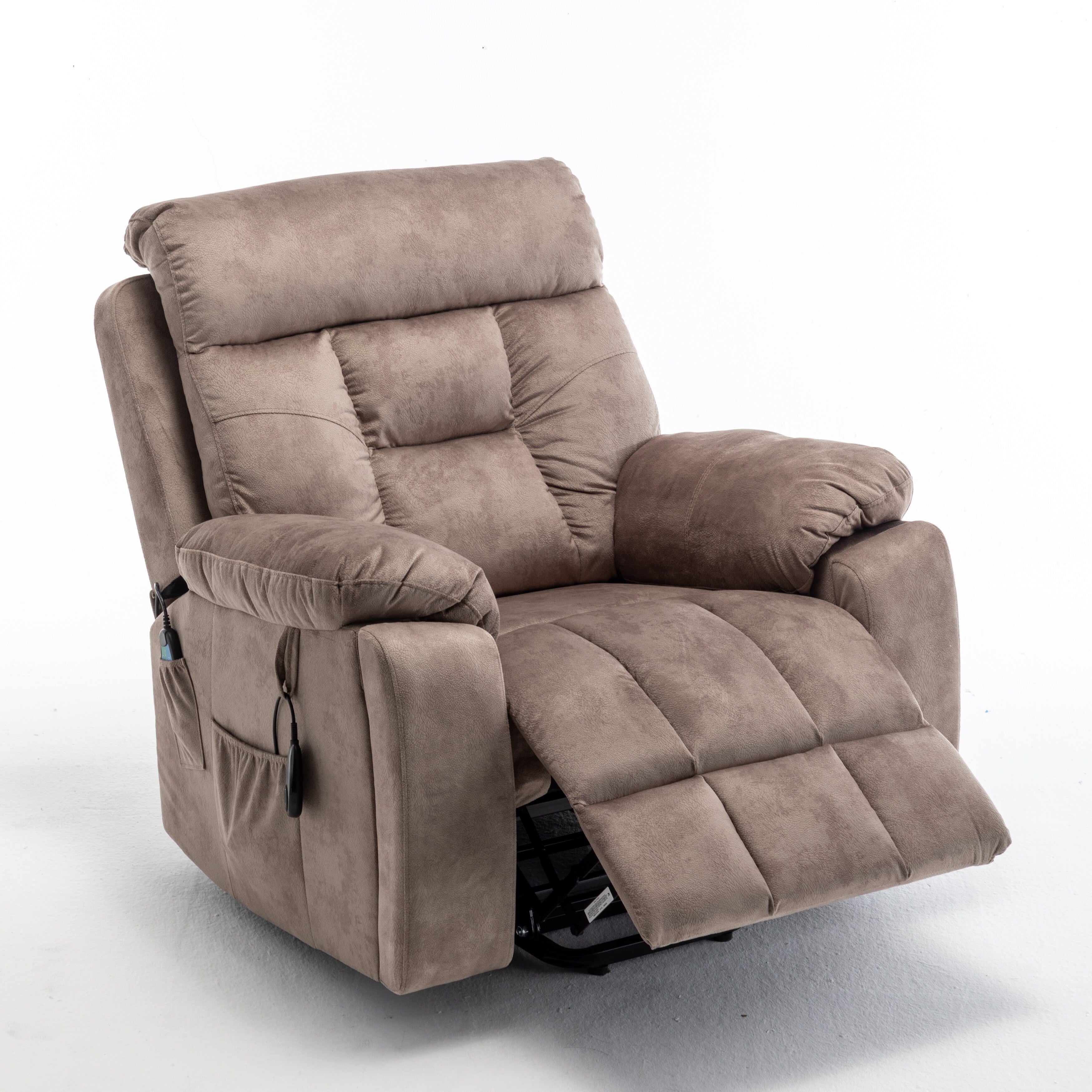 Fauteuil inclinable électrique marron avec massage, chauffage lombaire, moteur allemand silencieux, tissu luxueux en duvet d'oie et porte-gobelets