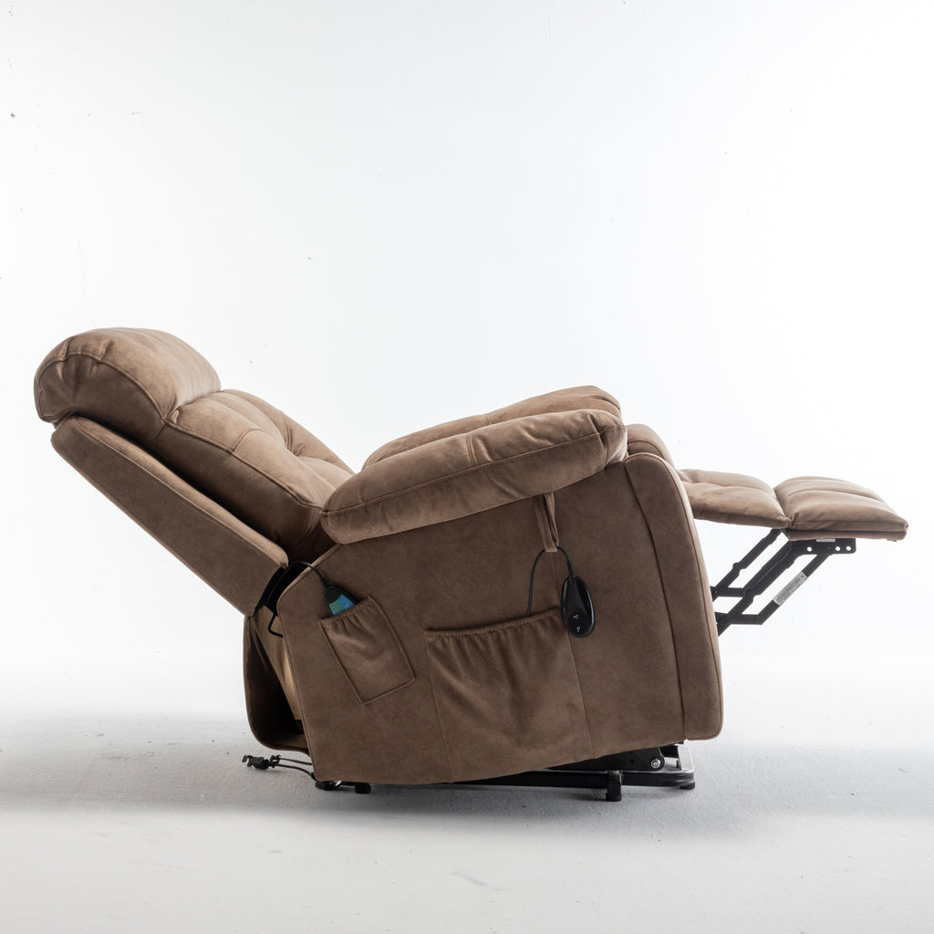 Fauteuil inclinable électrique marron avec massage, chauffage lombaire, moteur allemand silencieux, tissu luxueux en duvet d'oie et porte-gobelets