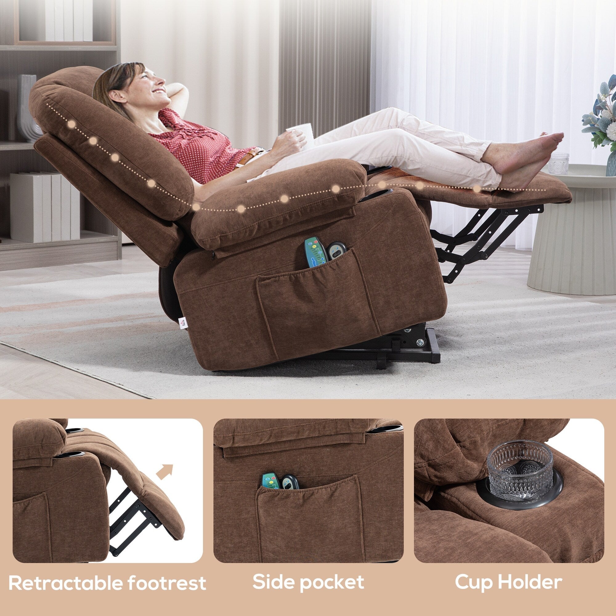 Fauteuil inclinable électrique marron avec massage par vibrations, chauffage, télécommande, montage facile et poches latérales
