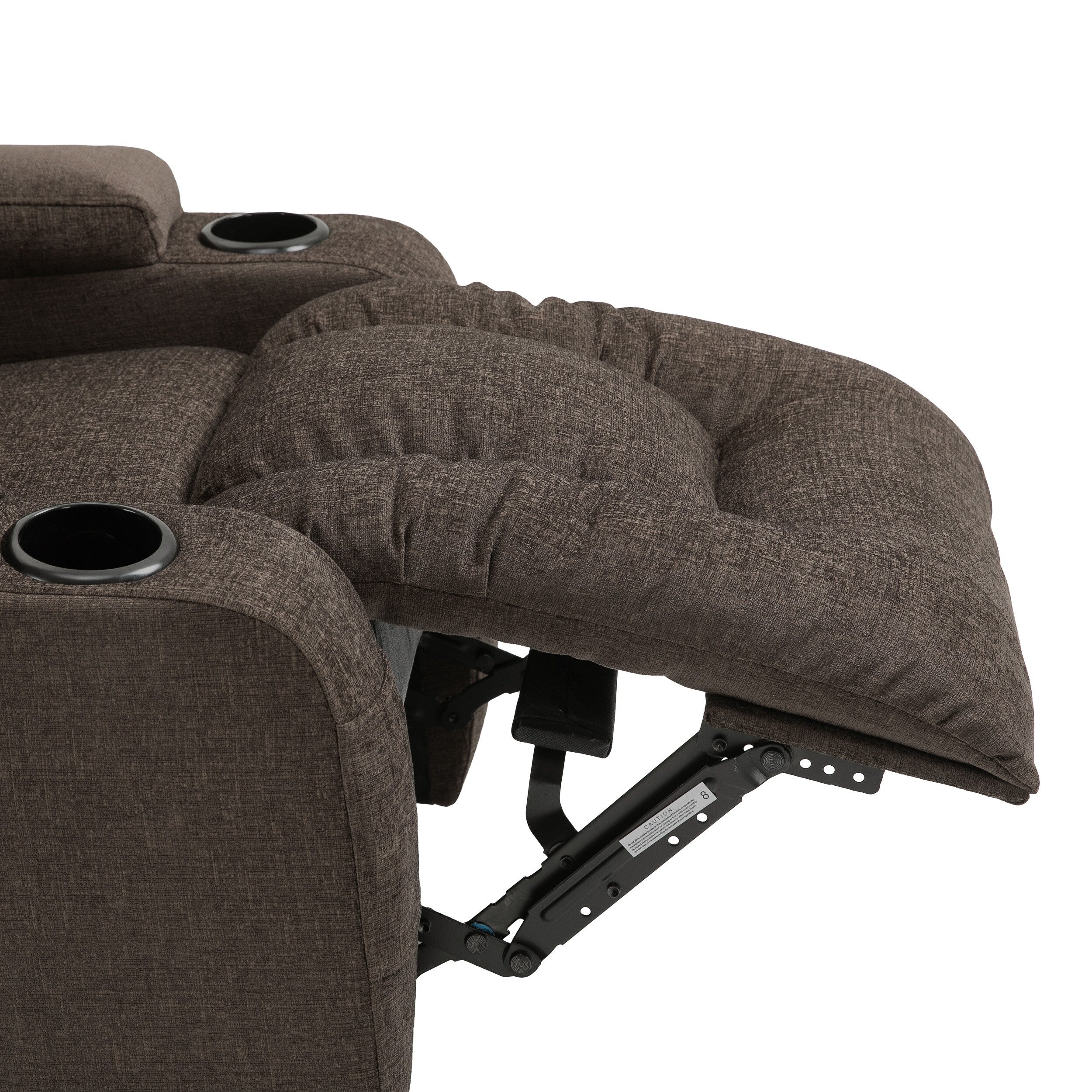 Fauteuil inclinable marron avec 5 modes de massage, chauffage et télécommande, deux porte-gobelets, inclinaison manuelle et poche de rangement latérale.