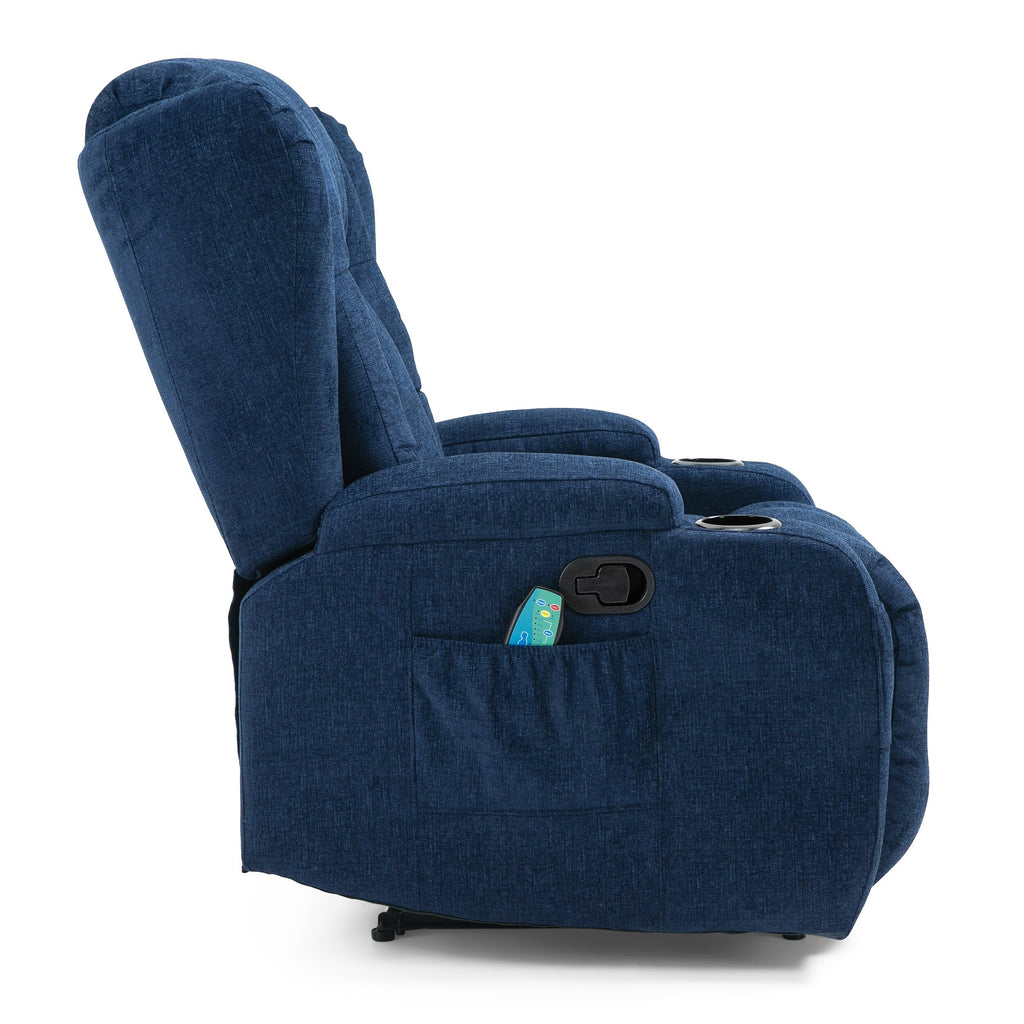 Fauteuil inclinable marron avec 5 modes de massage, chauffage et télécommande, deux porte-gobelets, inclinaison manuelle et poche de rangement latérale.