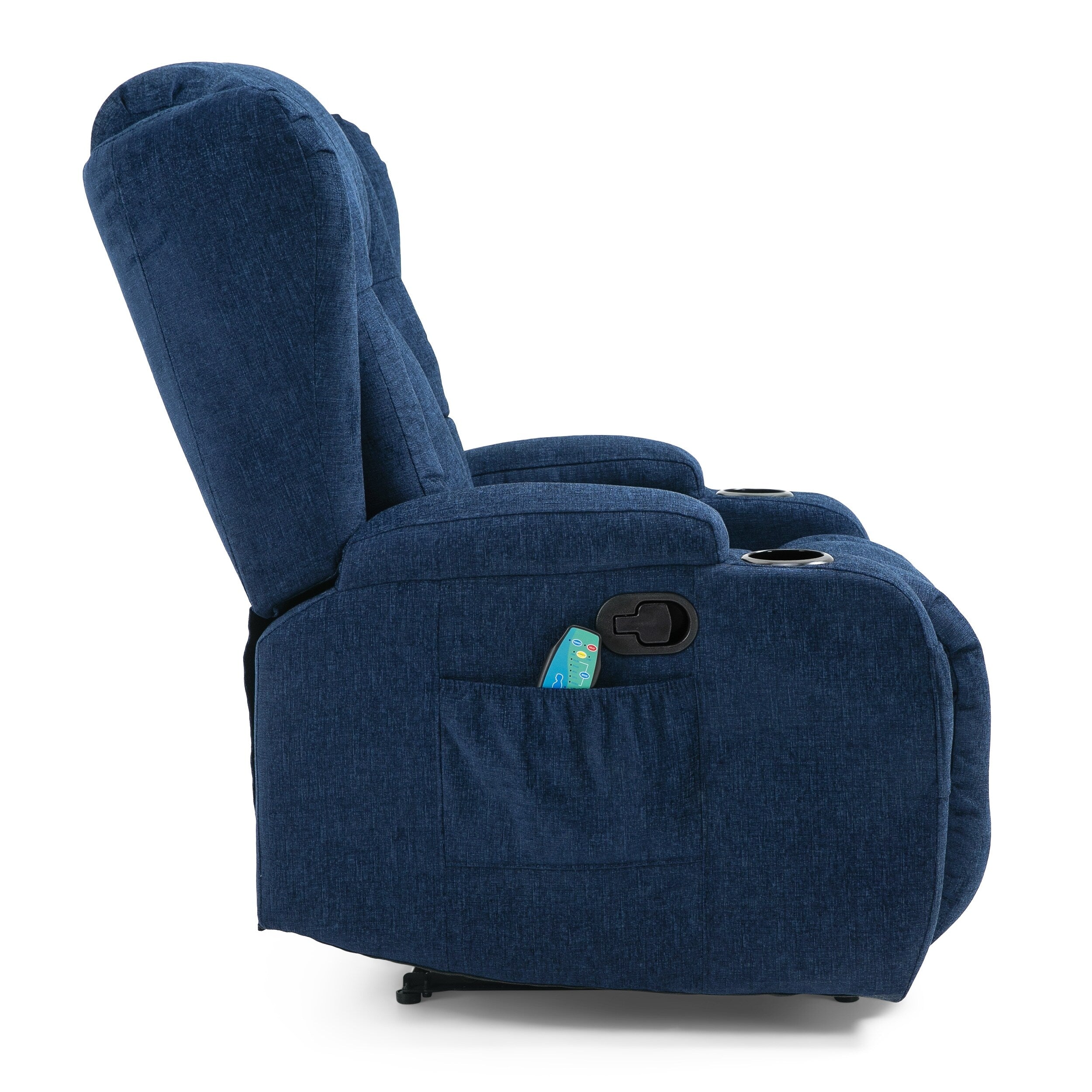 Fauteuil inclinable marron avec 5 modes de massage, chauffage et télécommande, deux porte-gobelets, inclinaison manuelle et poche de rangement latérale.