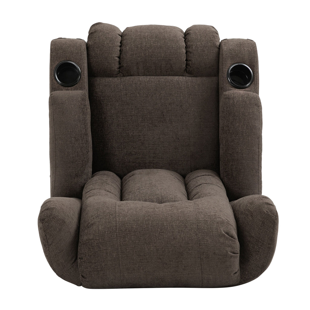 Fauteuil inclinable marron avec 5 modes de massage, chauffage et télécommande, deux porte-gobelets, inclinaison manuelle et poche de rangement latérale.