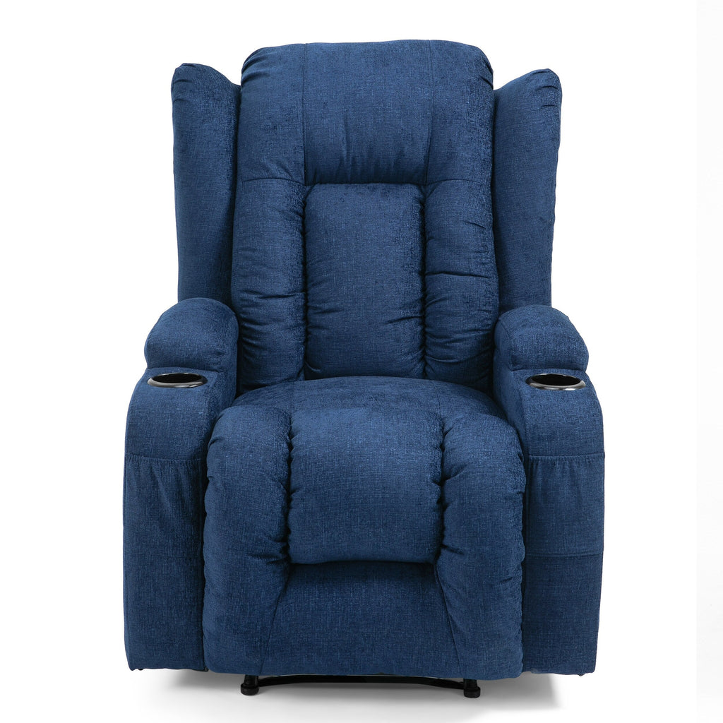 Fauteuil inclinable marron avec 5 modes de massage, chauffage et télécommande, deux porte-gobelets, inclinaison manuelle et poche de rangement latérale.