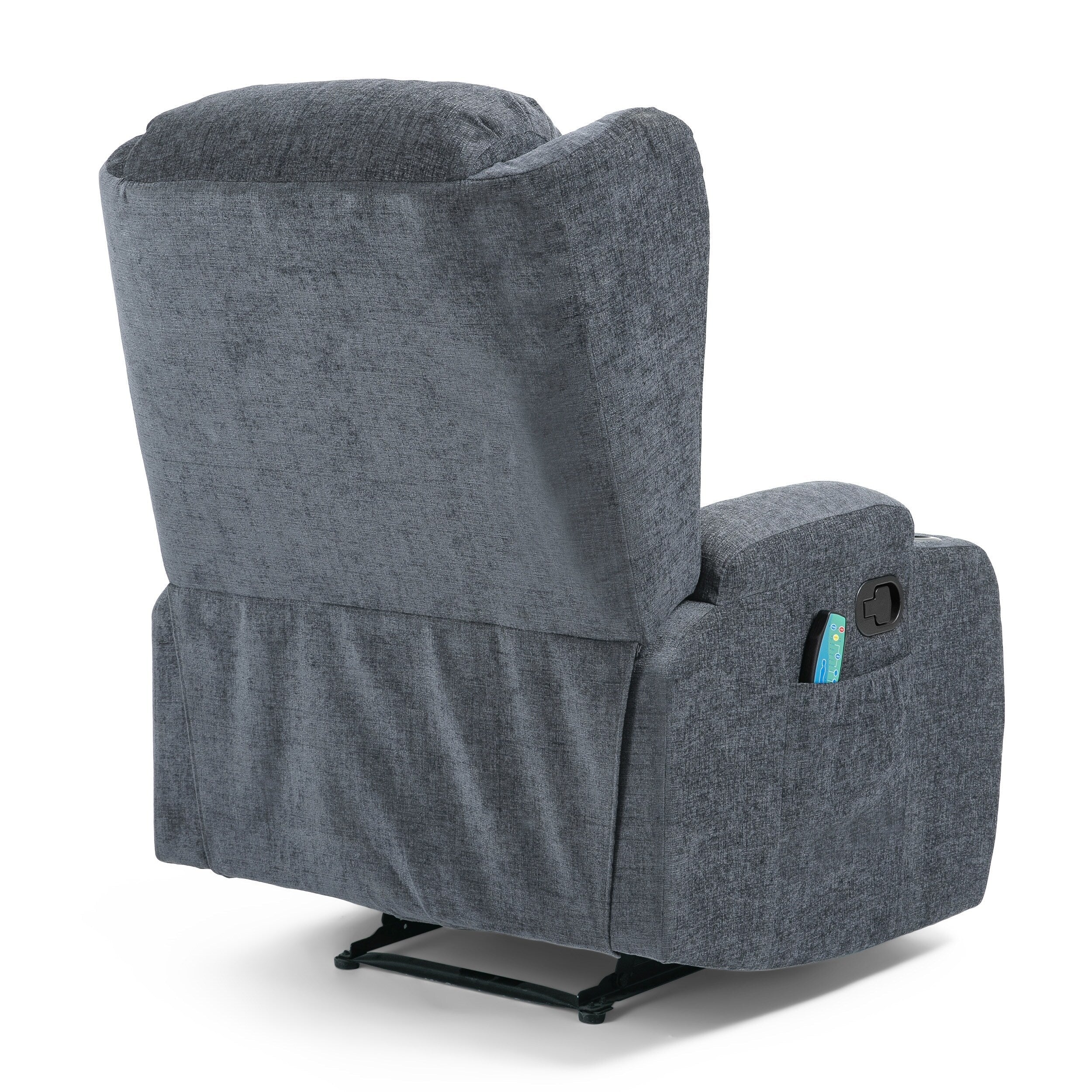 Fauteuil inclinable marron avec 5 modes de massage, chauffage et télécommande, deux porte-gobelets, inclinaison manuelle et poche de rangement latérale.