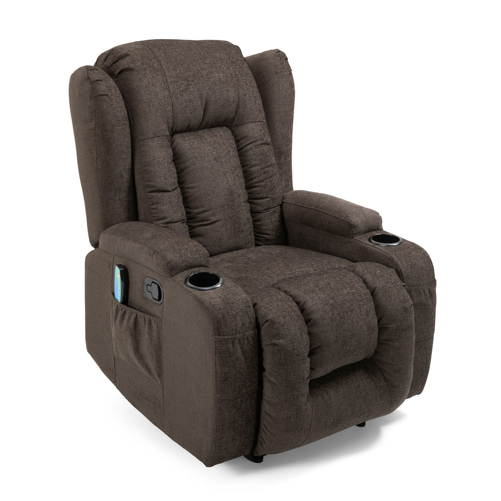 Fauteuil inclinable marron avec 5 modes de massage, chauffage et télécommande, deux porte-gobelets, inclinaison manuelle et poche de rangement latérale.