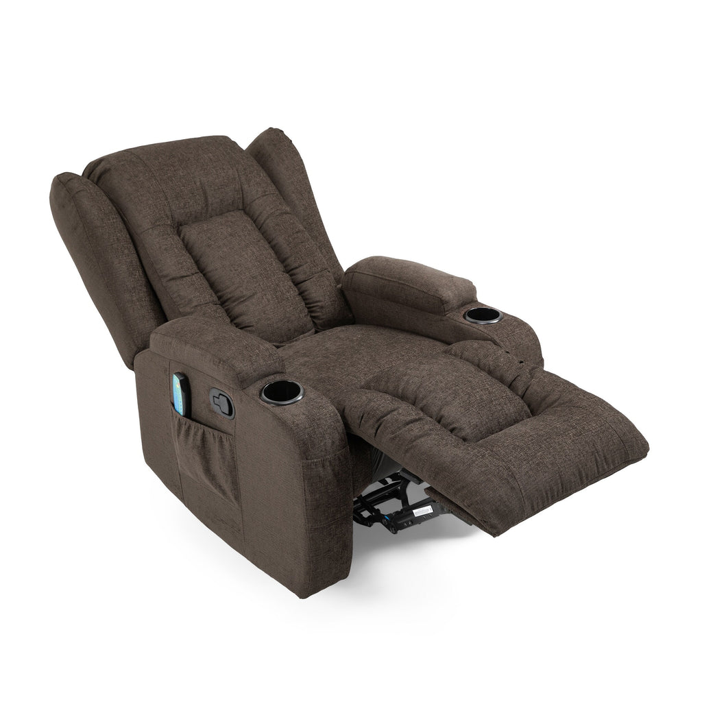 Fauteuil inclinable marron avec inclinaison manuelle, 5 modes de massage, chauffage, deux porte-gobelets, télécommande et rangement latéral