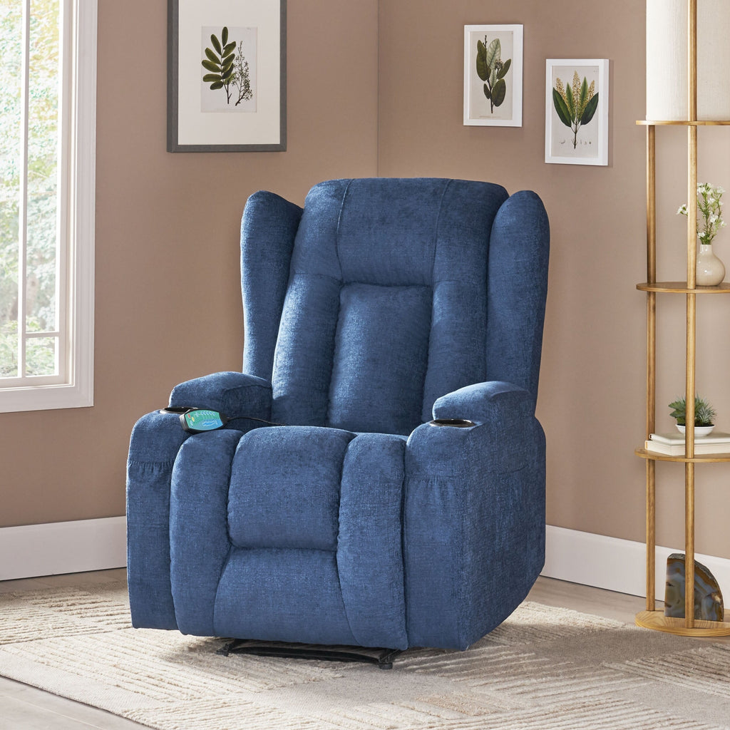 Fauteuil inclinable marron avec inclinaison manuelle, 5 modes de massage, chauffage, deux porte-gobelets, télécommande et rangement latéral
