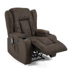 Fauteuil inclinable marron avec inclinaison manuelle, 5 modes de massage, chauffage, deux porte-gobelets, télécommande et rangement latéral
