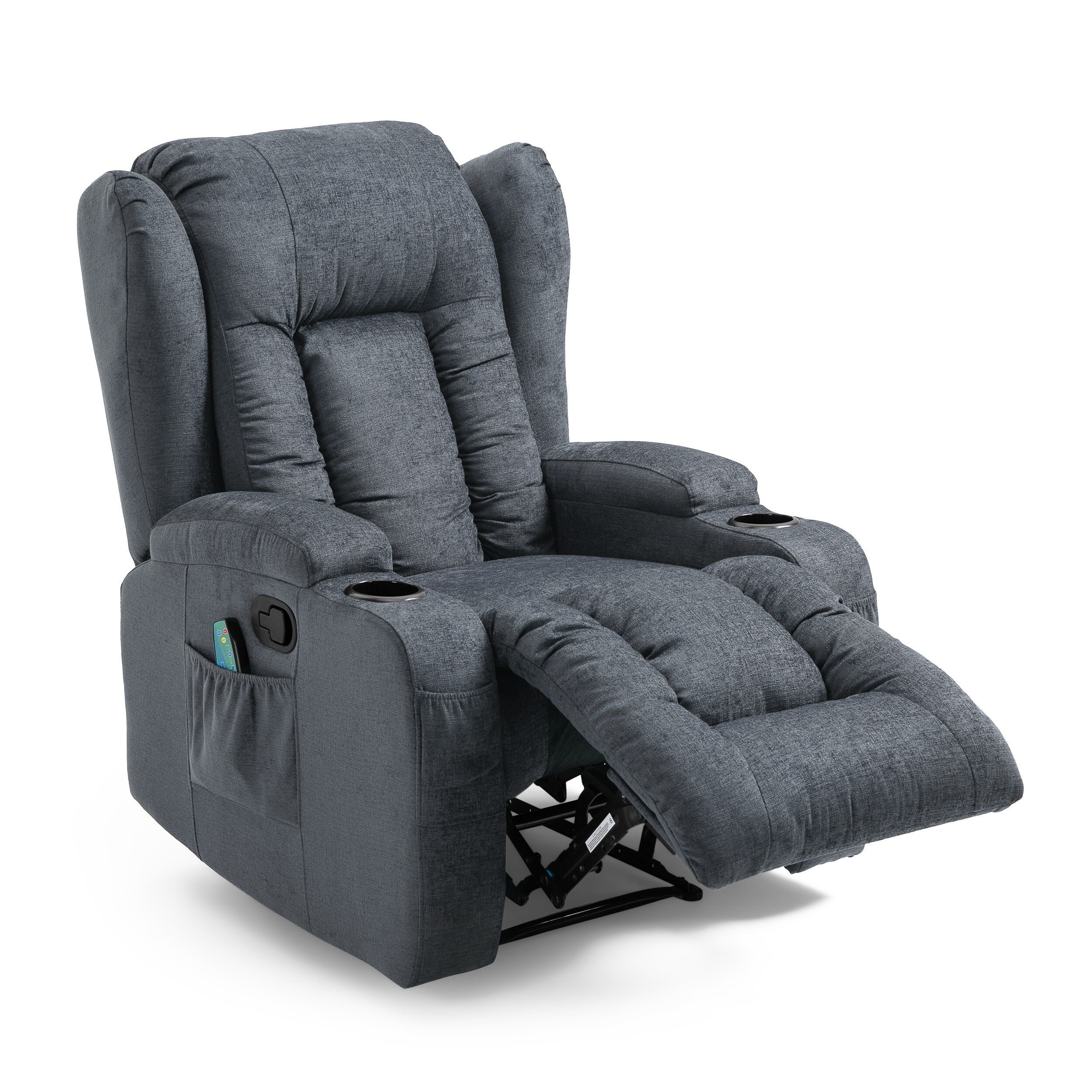 Fauteuil inclinable marron avec inclinaison manuelle, 5 modes de massage, chauffage, deux porte-gobelets, télécommande et rangement latéral
