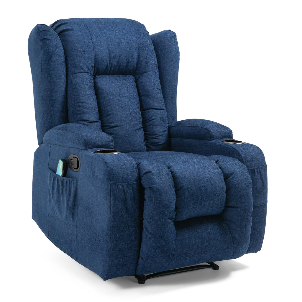 Fauteuil inclinable marron avec inclinaison manuelle, 5 modes de massage, chauffage, deux porte-gobelets, télécommande et rangement latéral