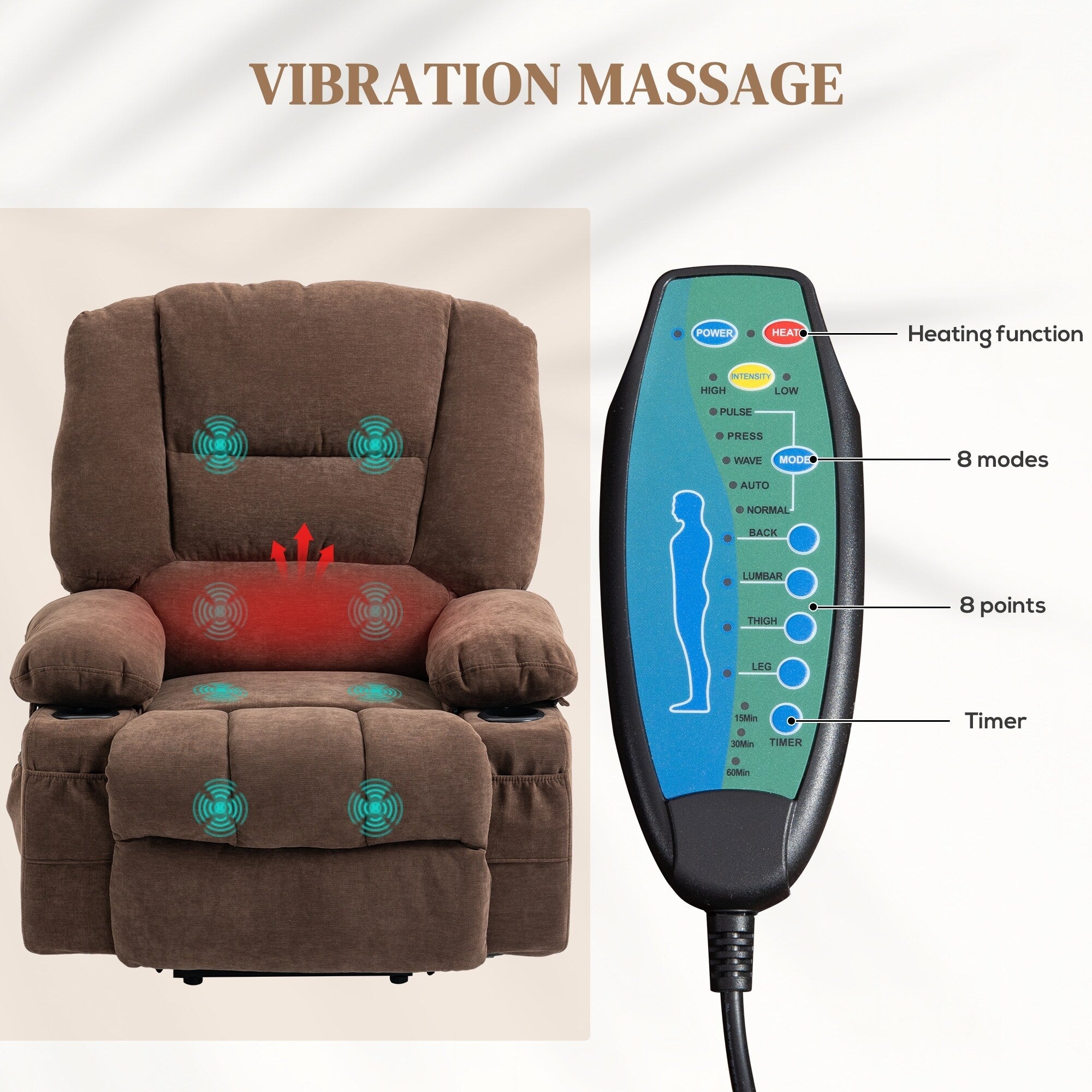 Fauteuil inclinable massant électrique rembourré marron avec massage par vibrations, chauffage lombaire, porte-gobelet et poches latérales