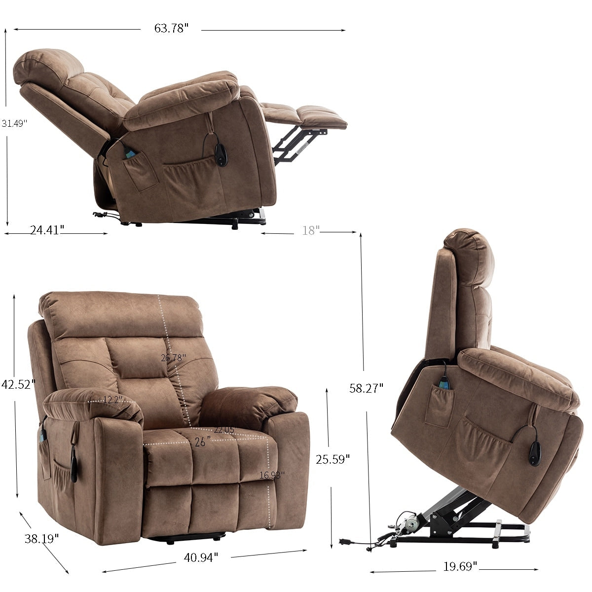 Fauteuil inclinable releveur en velours marron, massage, porte-gobelet dissimulé, poches