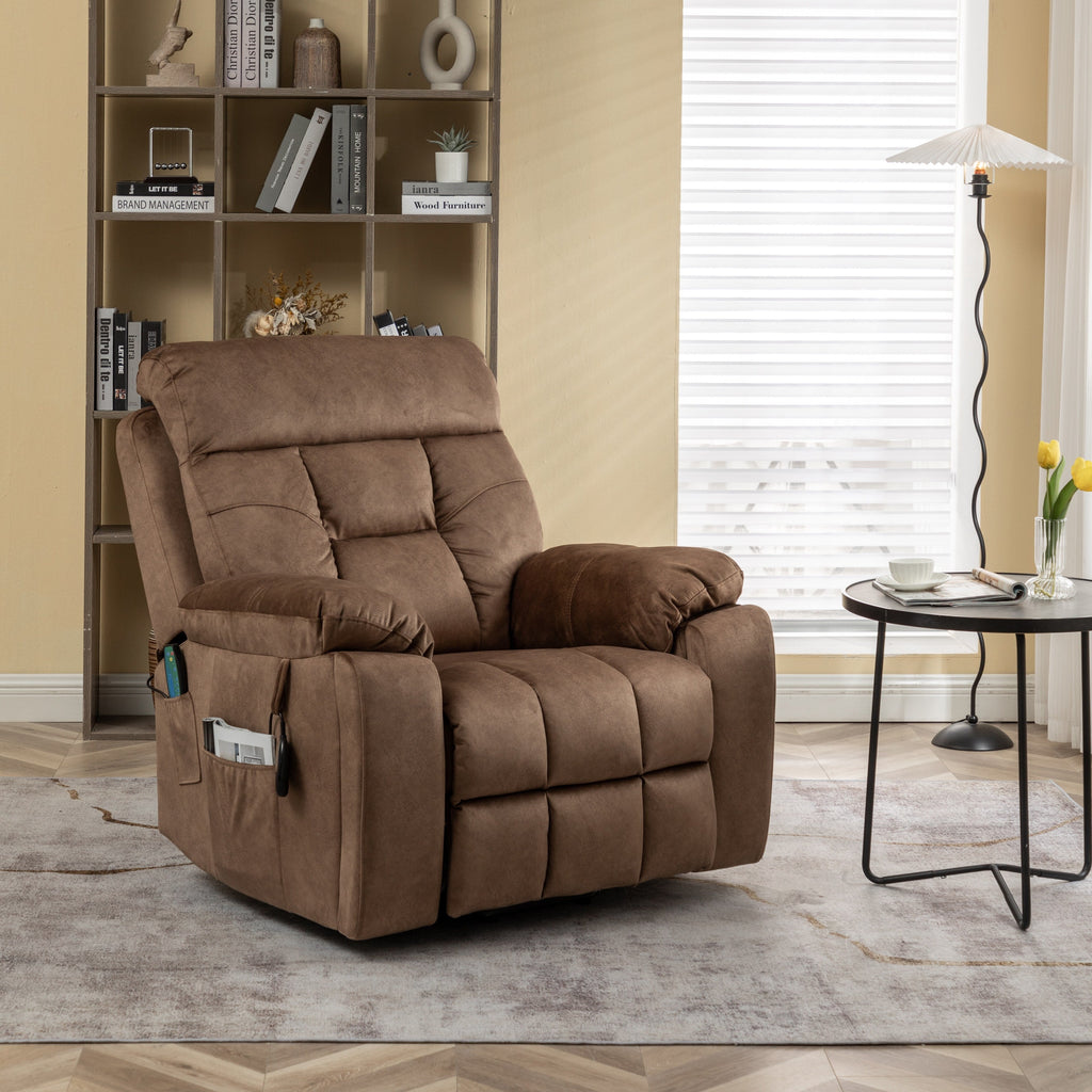 Fauteuil inclinable releveur en velours marron, massage, porte-gobelet dissimulé, poches